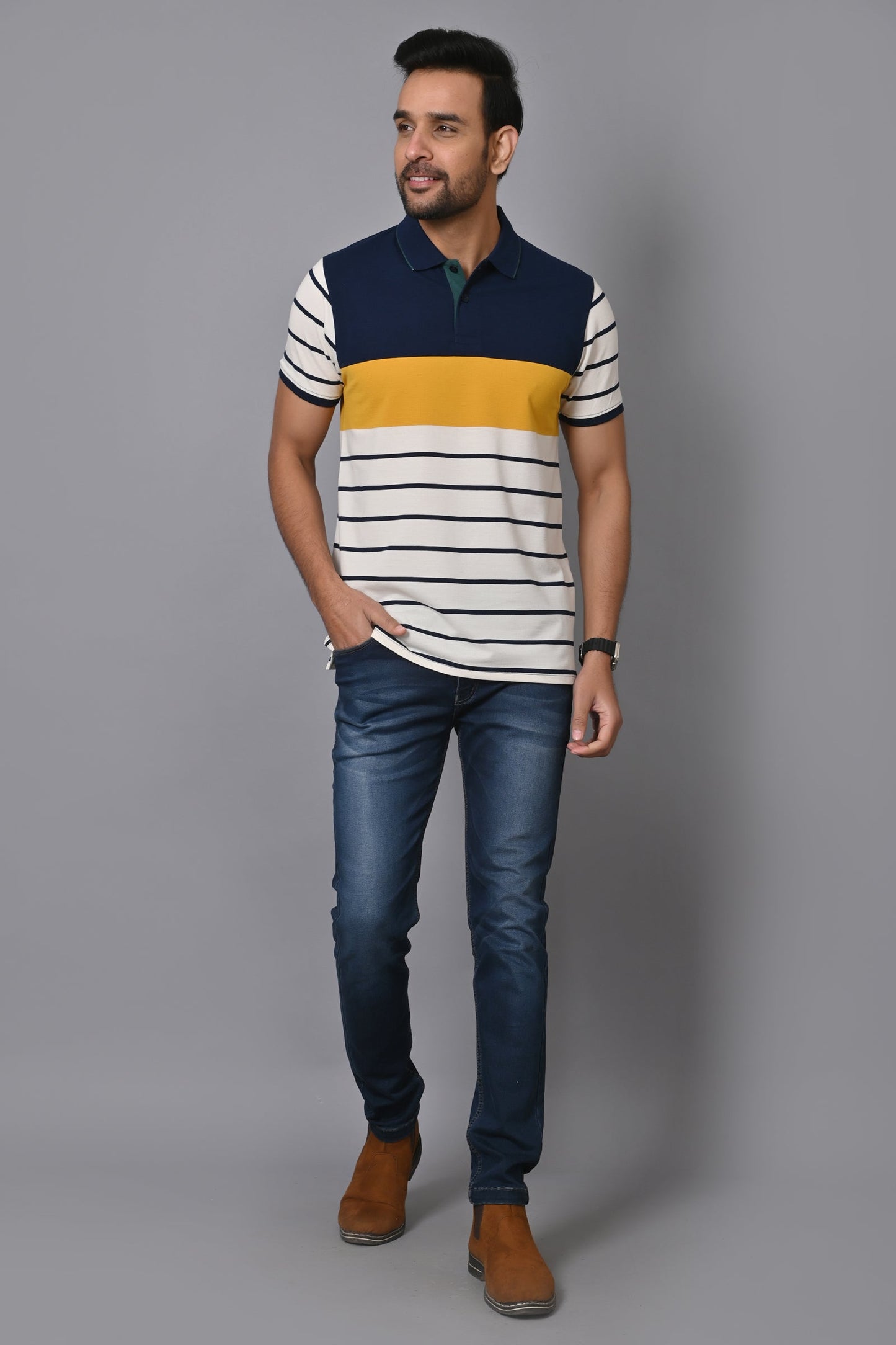 Arbour Men Polo Neck Stripes Casual Half Sleeves T-Shirt
