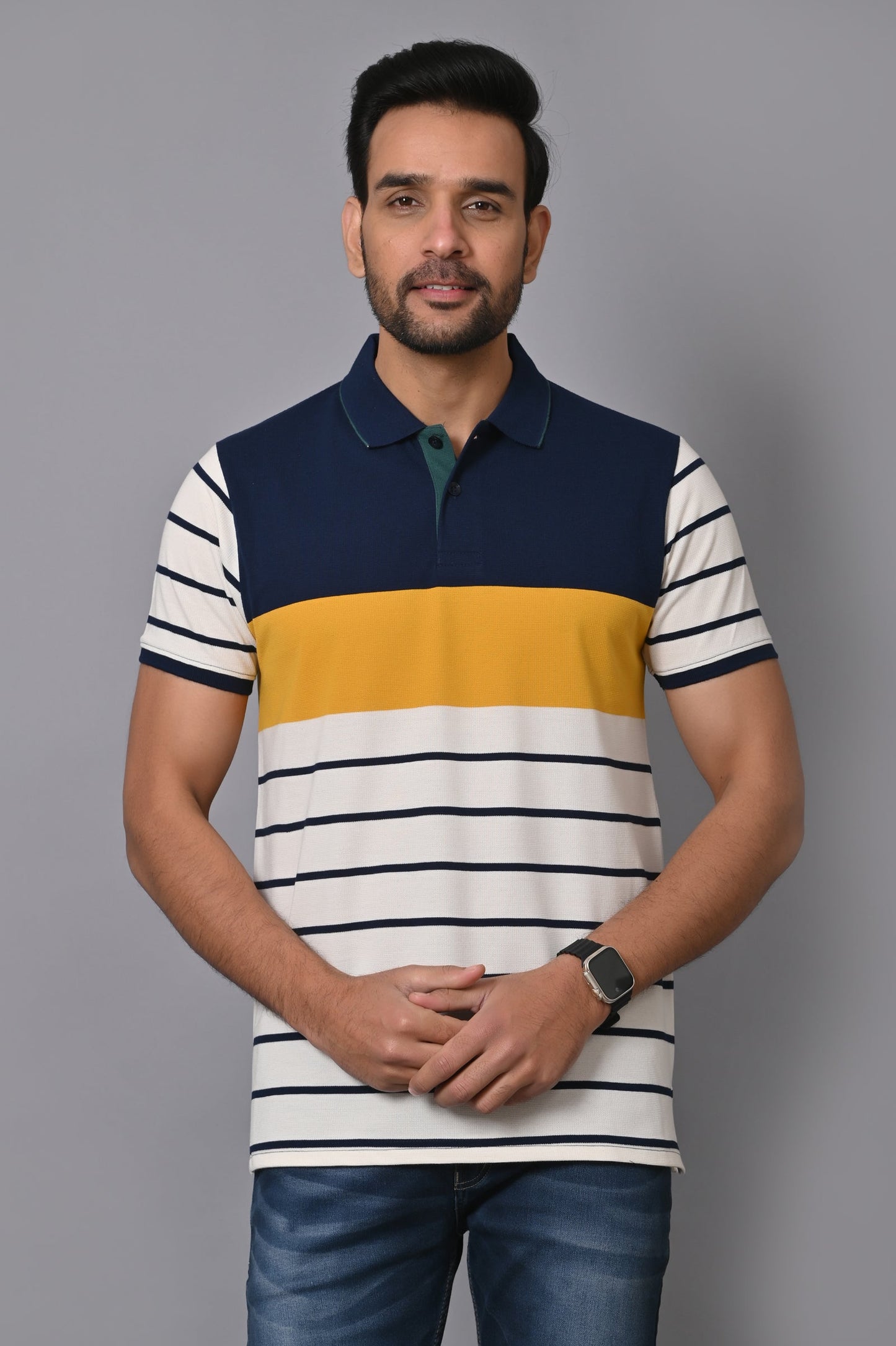 Arbour Men Polo Neck Stripes Casual Half Sleeves T-Shirt