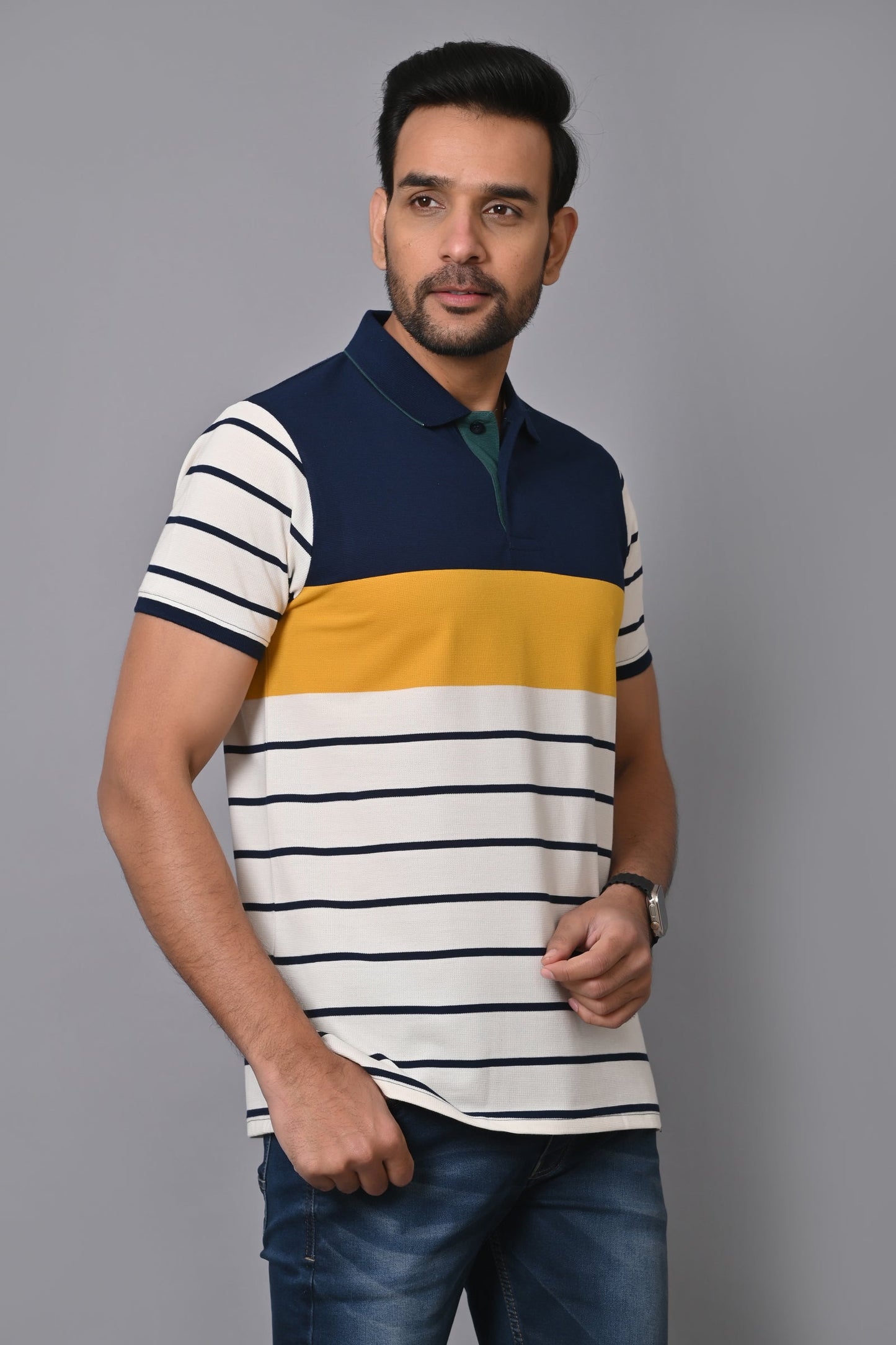 Arbour Men Polo Neck Stripes Casual Half Sleeves T-Shirt