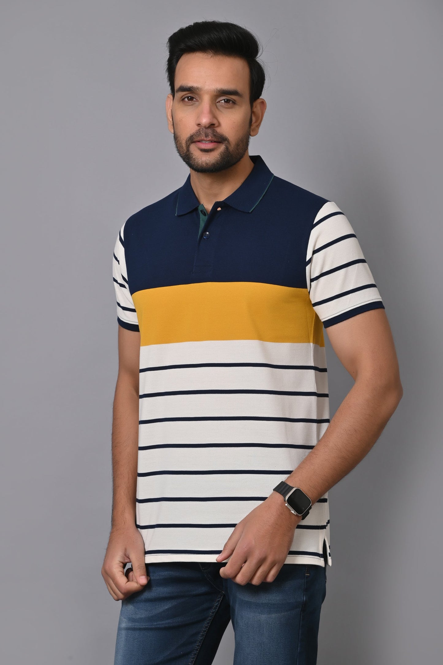 Arbour Men Polo Neck Stripes Casual Half Sleeves T-Shirt