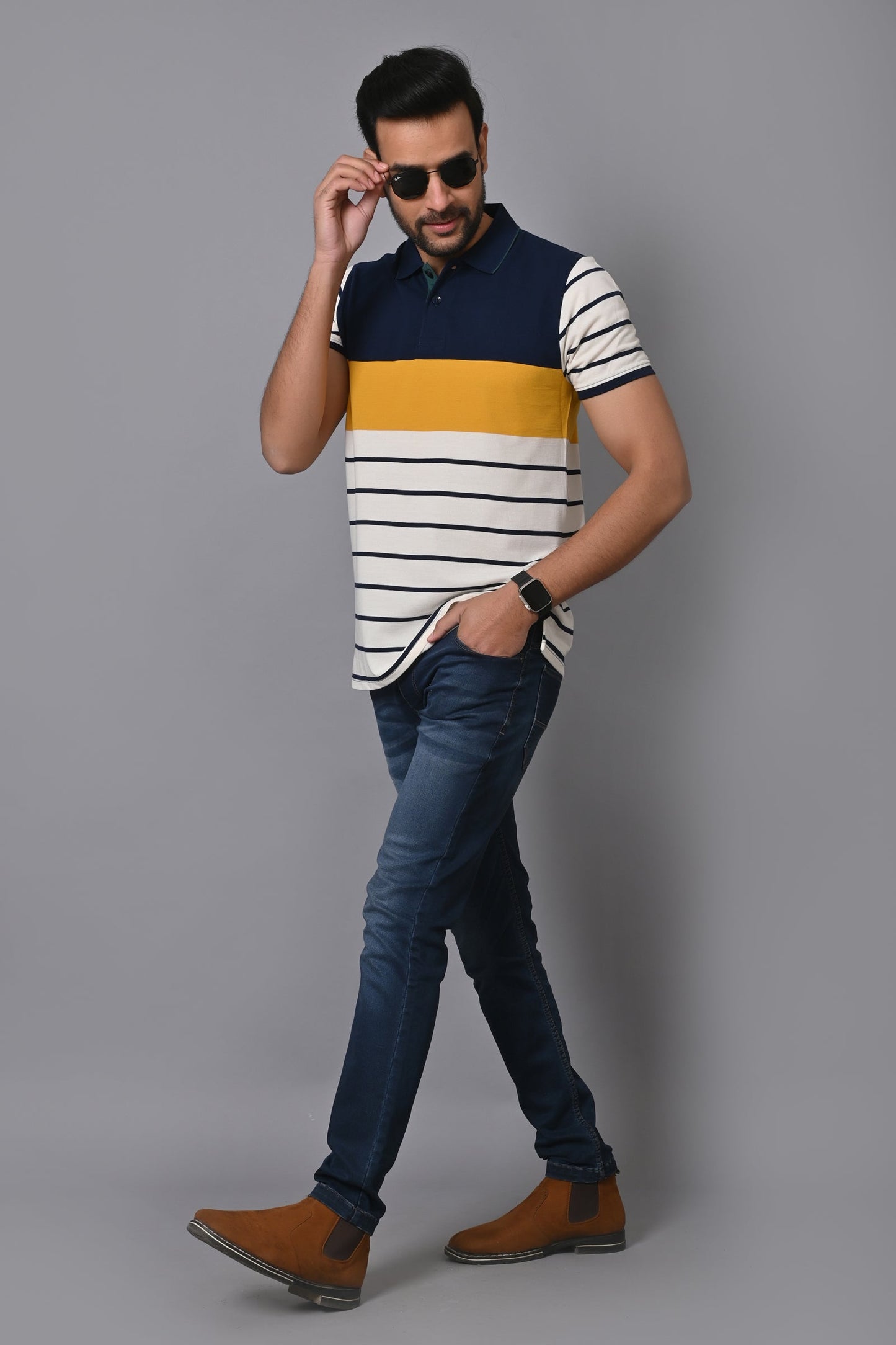 Arbour Men Polo Neck Stripes Casual Half Sleeves T-Shirt