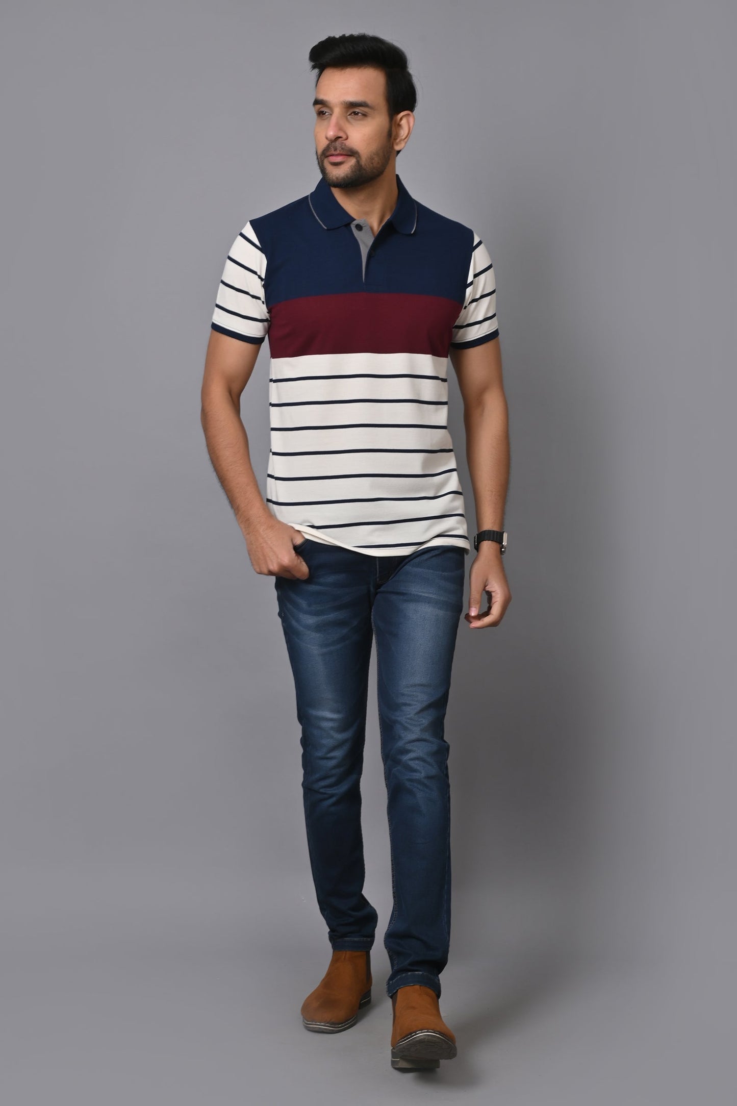 Arbour Men Polo Neck Stripes Casual Half Sleeves T-Shirt