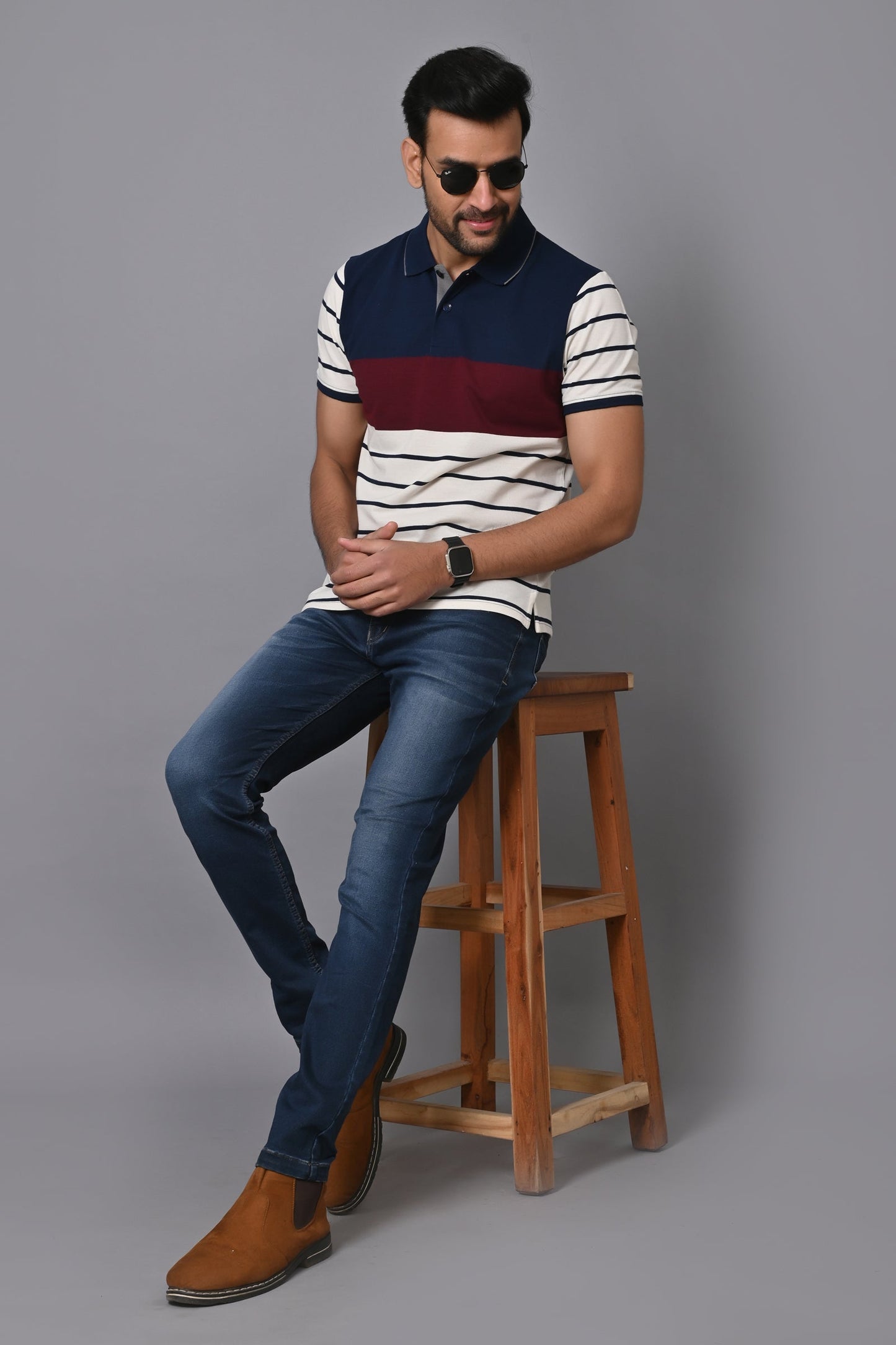 Arbour Men Polo Neck Stripes Casual Half Sleeves T-Shirt