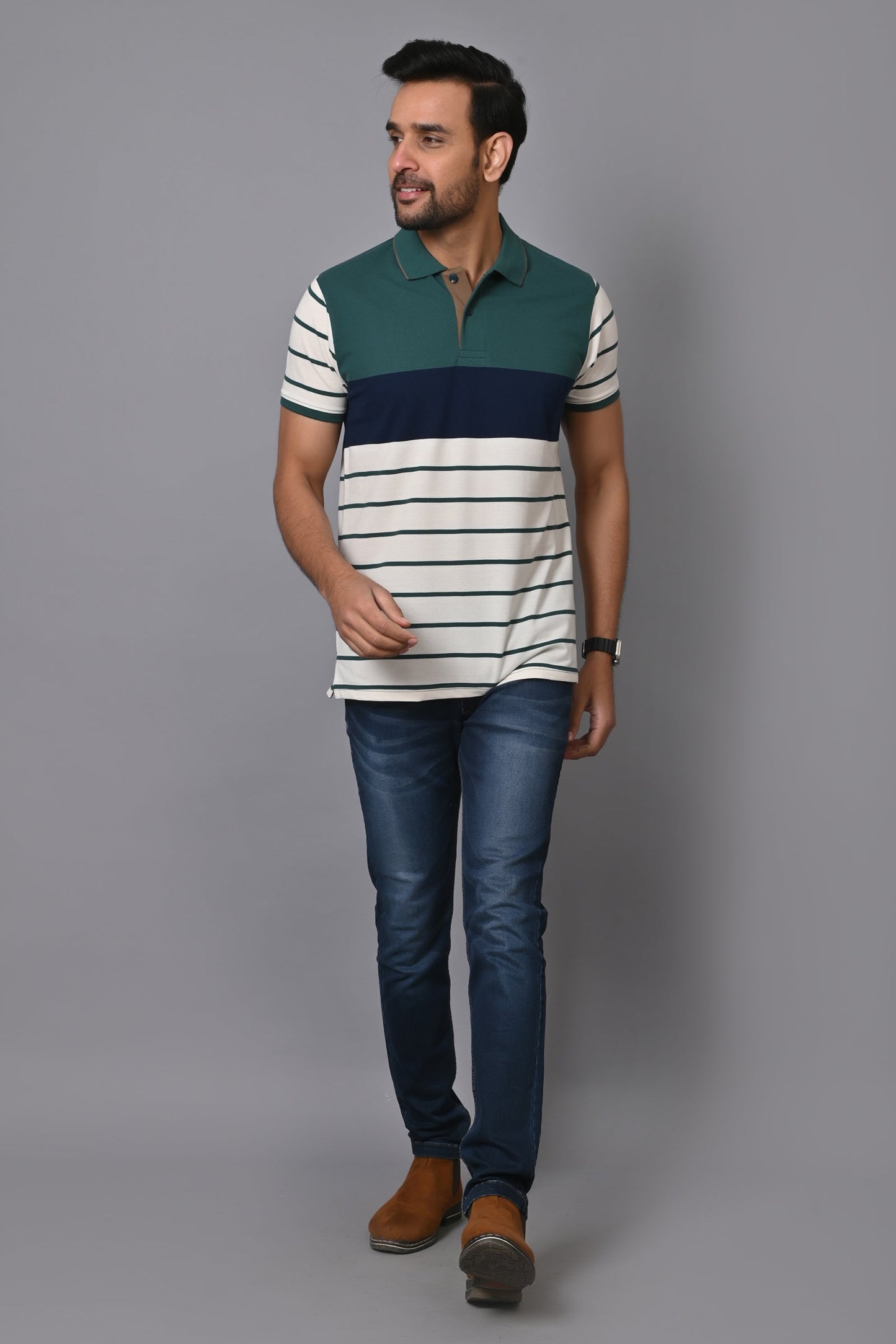 Arbour Men Polo Neck Stripes Casual Half Sleeves T-Shirt