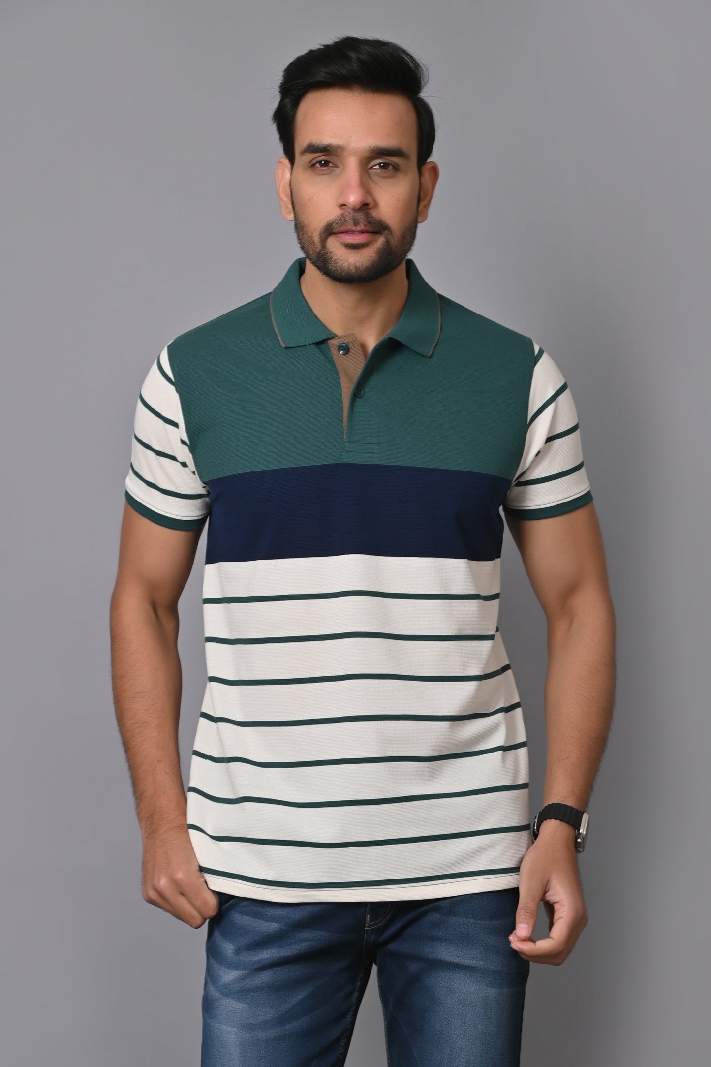 Arbour Men Polo Neck Stripes Casual Half Sleeves T-Shirt