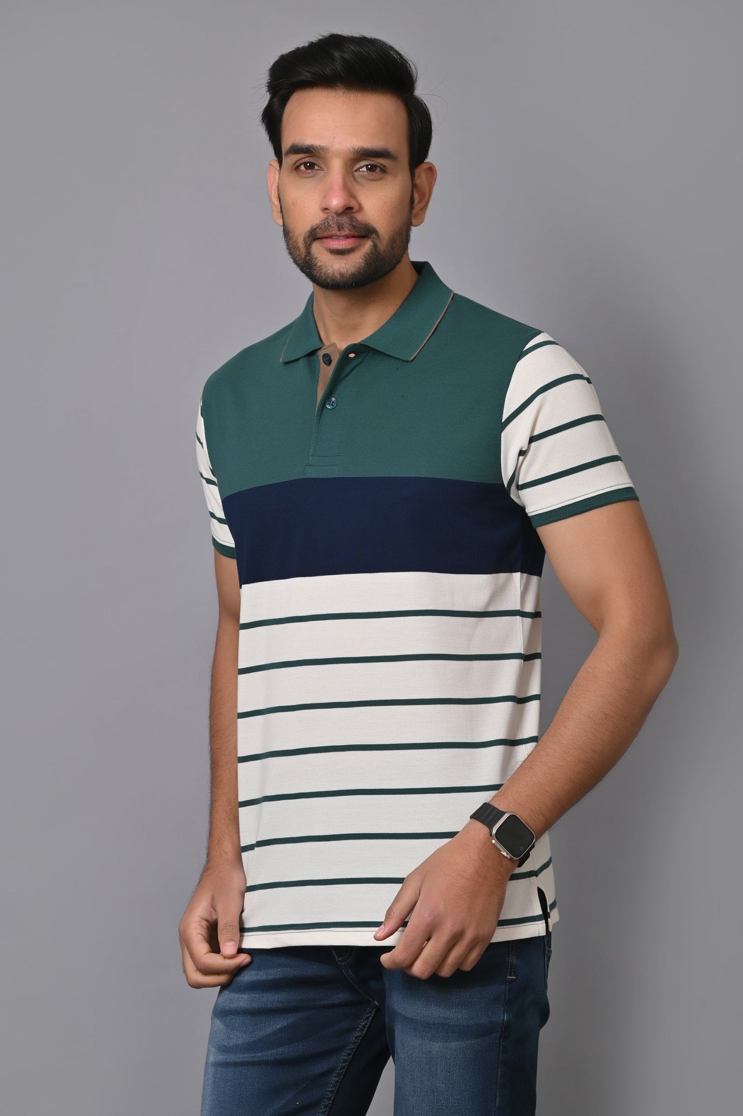 Arbour Men Polo Neck Stripes Casual Half Sleeves T-Shirt