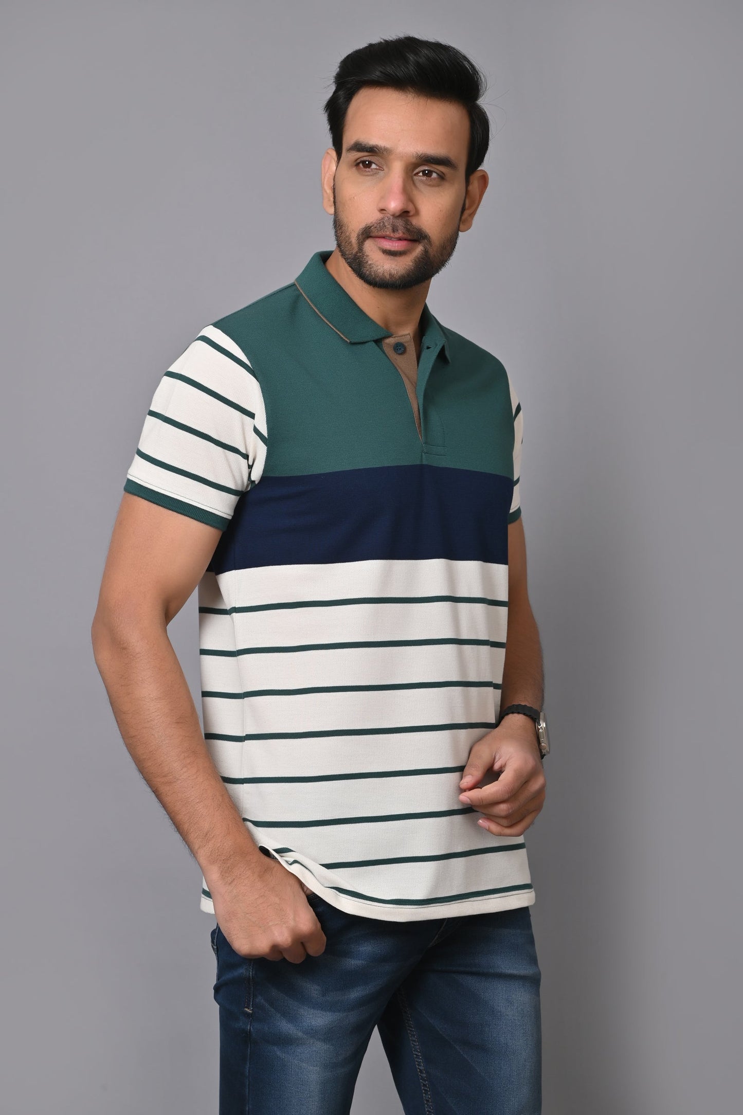 Arbour Men Polo Neck Stripes Casual Half Sleeves T-Shirt