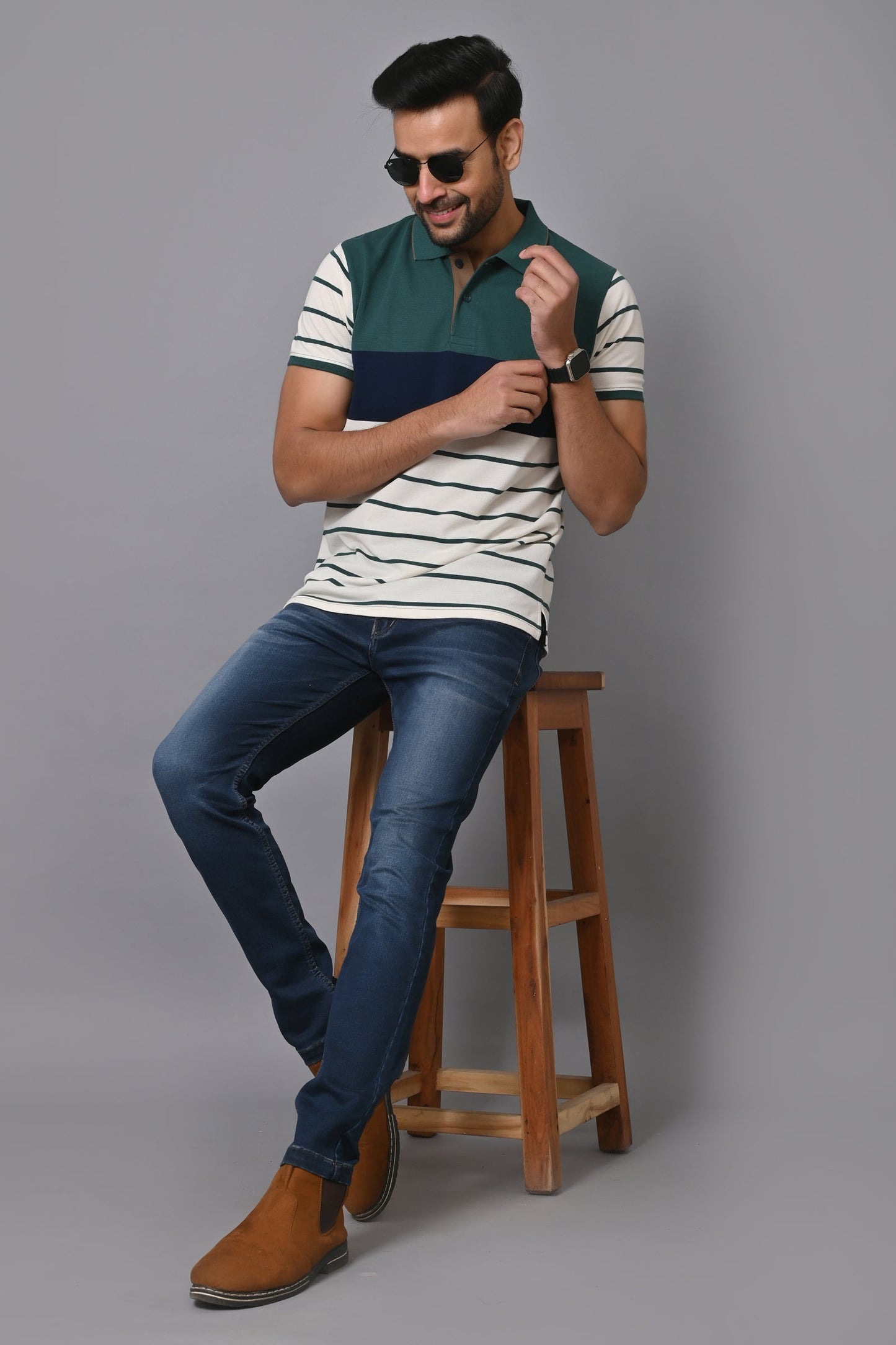 Arbour Men Polo Neck Stripes Casual Half Sleeves T-Shirt