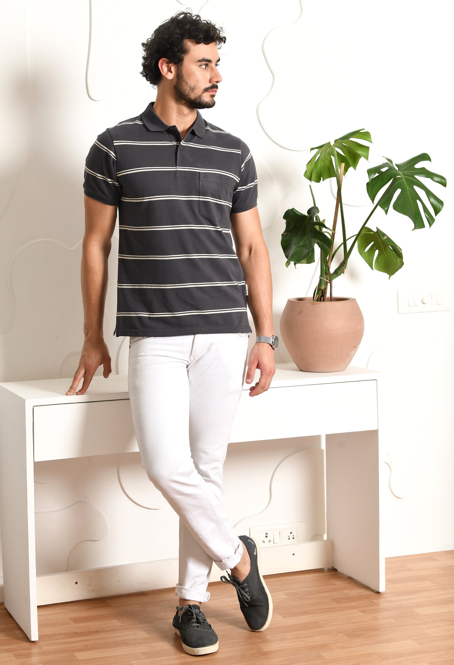 Arbour Men Polo Neck Stripes Pocket Half Sleeves T-Shirt