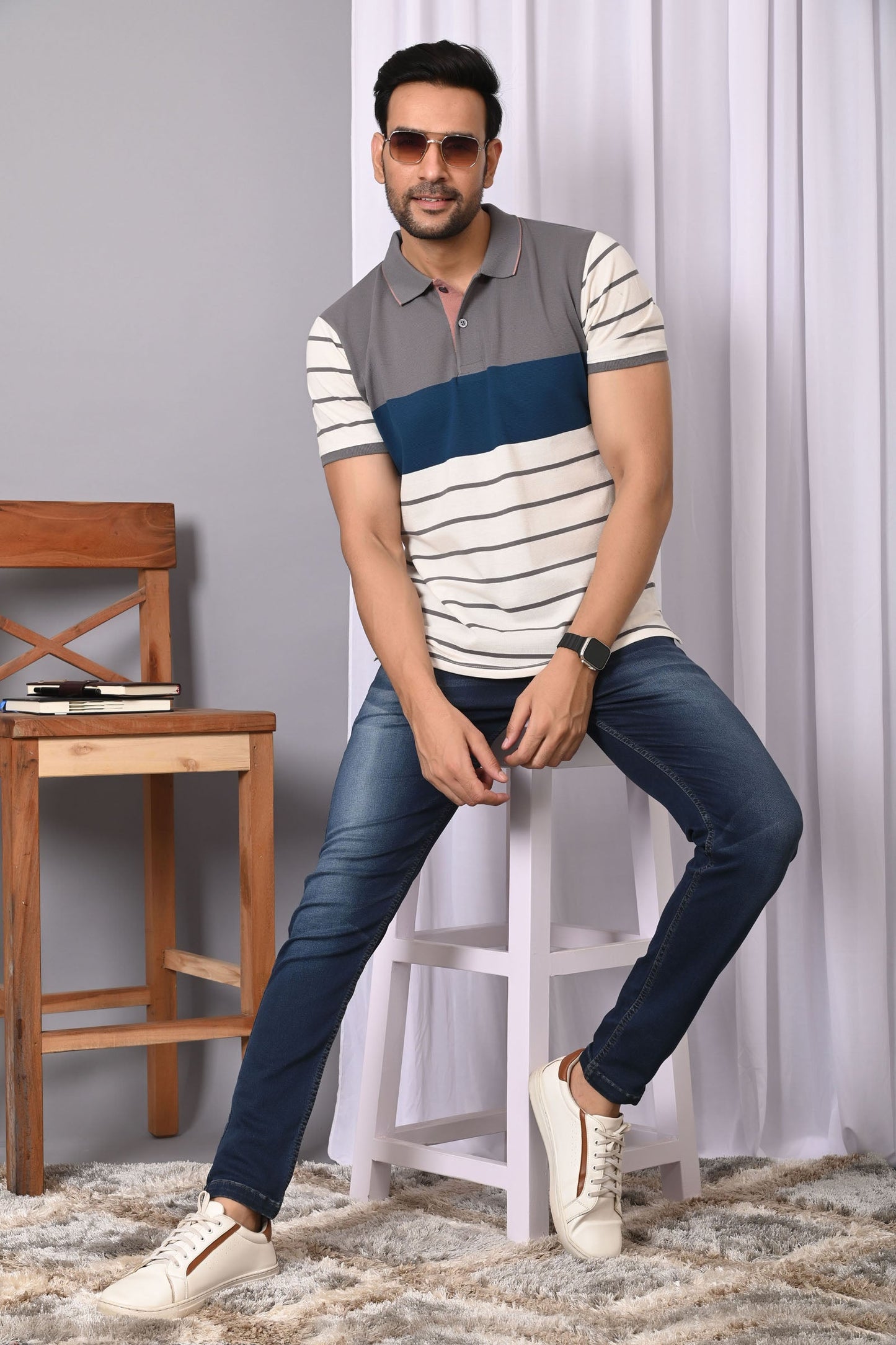 Arbour Men Polo Neck Stripes Casual Half Sleeves T-Shirt