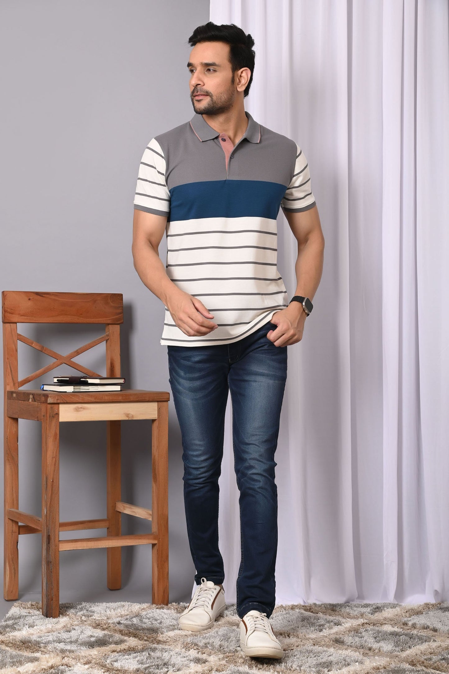 Arbour Men Polo Neck Stripes Casual Half Sleeves T-Shirt