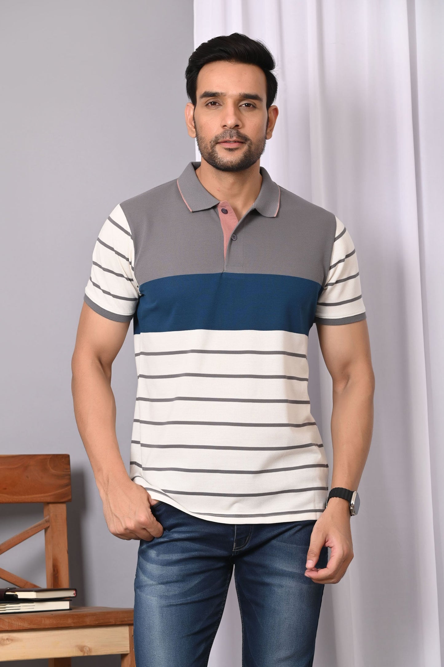 Arbour Men Polo Neck Stripes Casual Half Sleeves T-Shirt