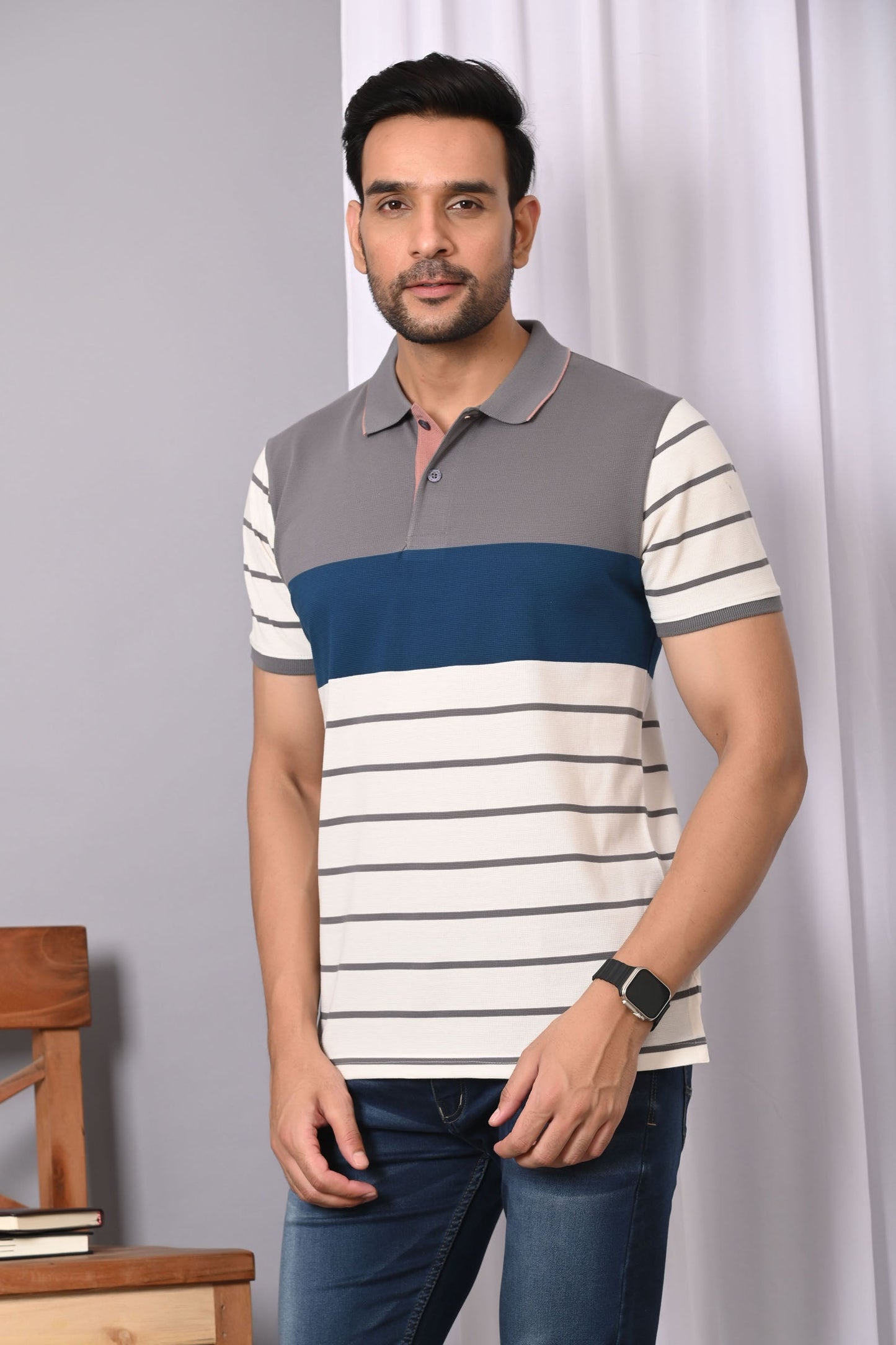 Arbour Men Polo Neck Stripes Casual Half Sleeves T-Shirt