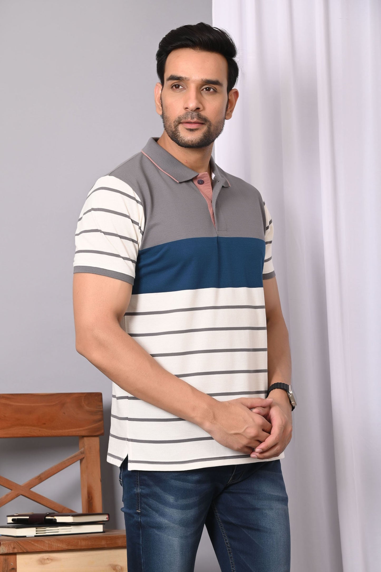 Arbour Men Polo Neck Stripes Casual Half Sleeves T-Shirt