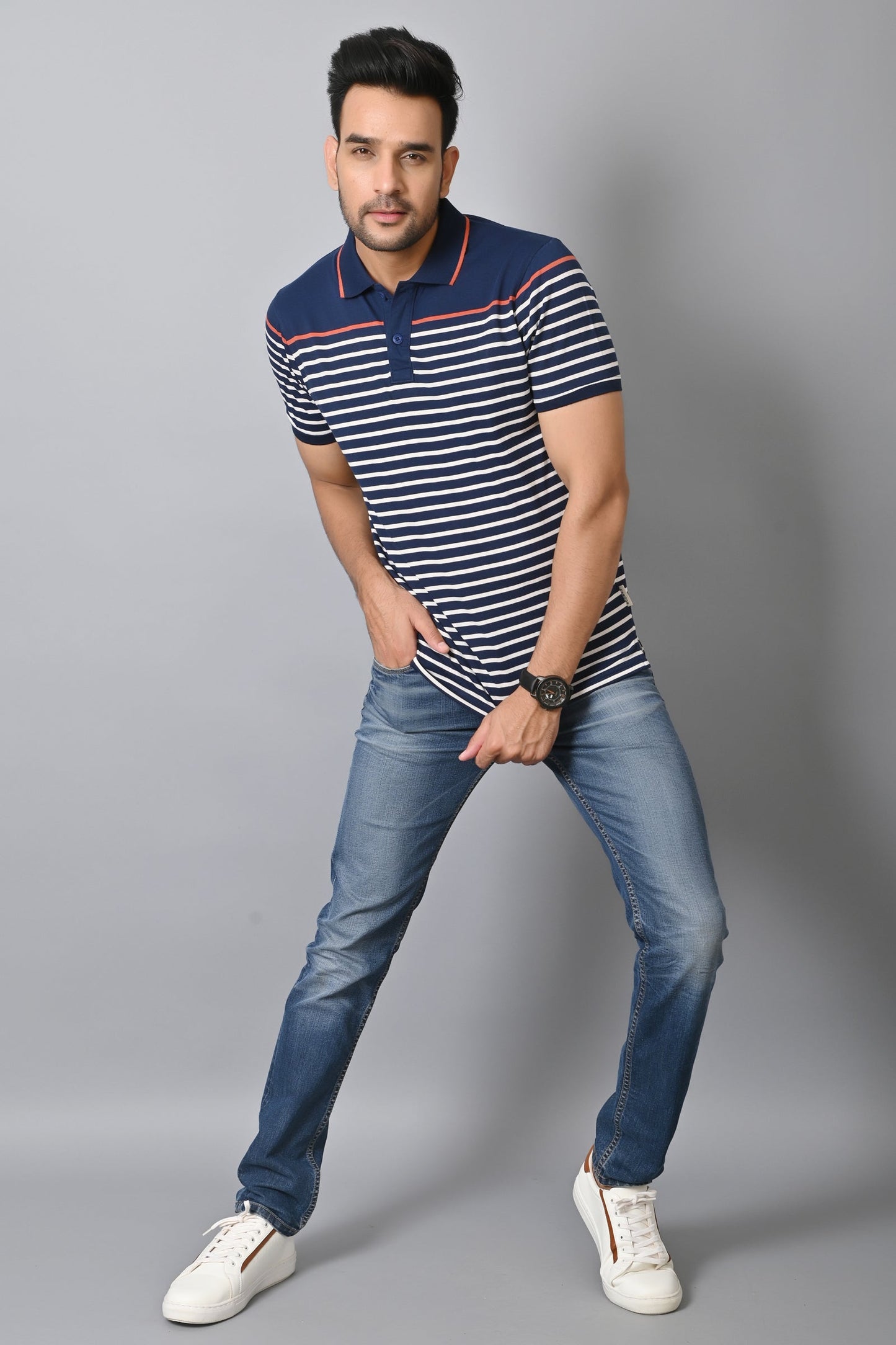 Arbour Men Polo Neck Stripes Casual Slim Fit Half Sleeves T-Shirt