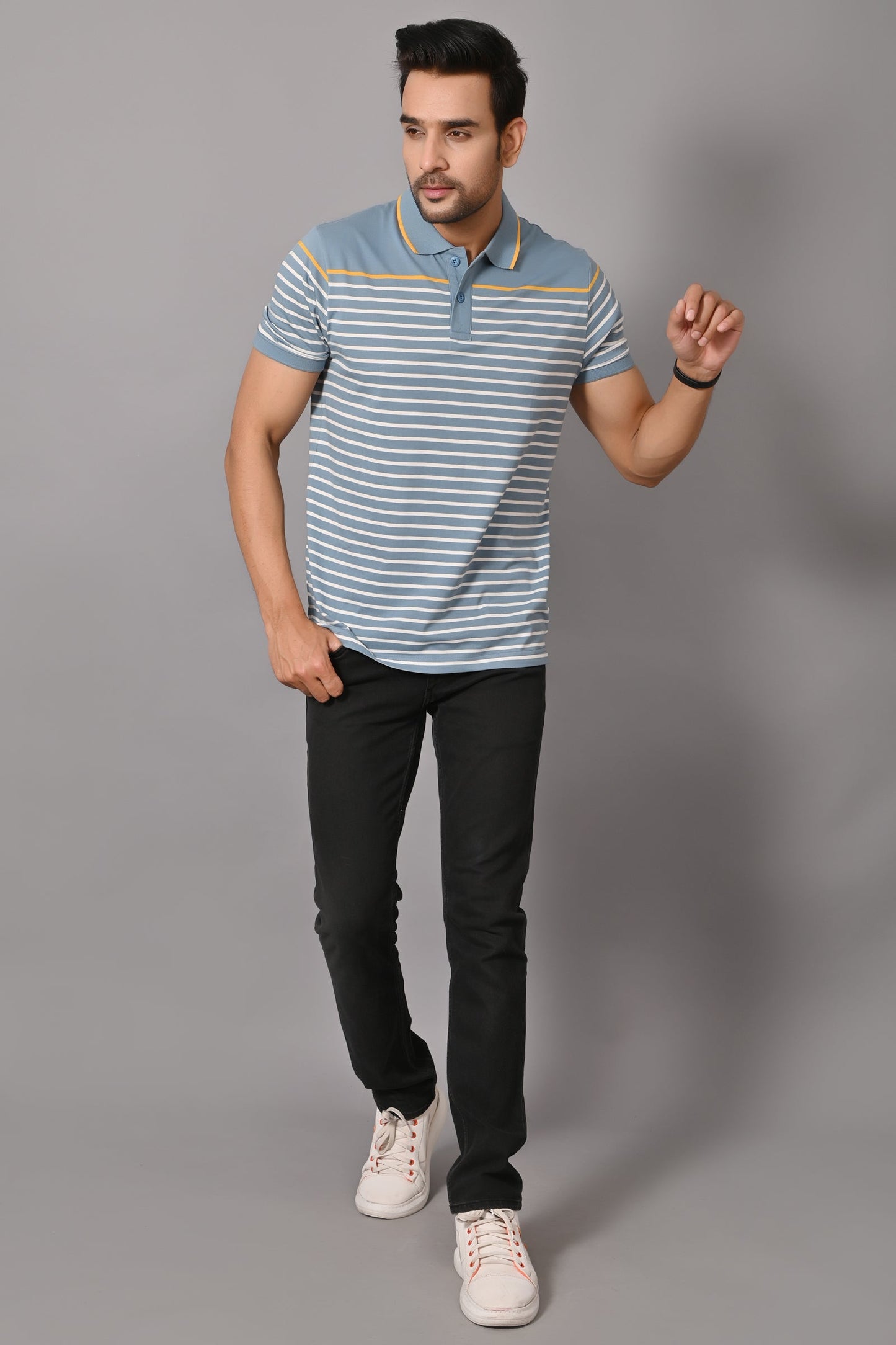 Arbour Men Polo Neck Stripes Casual Slim Fit Half Sleeves T-Shirt
