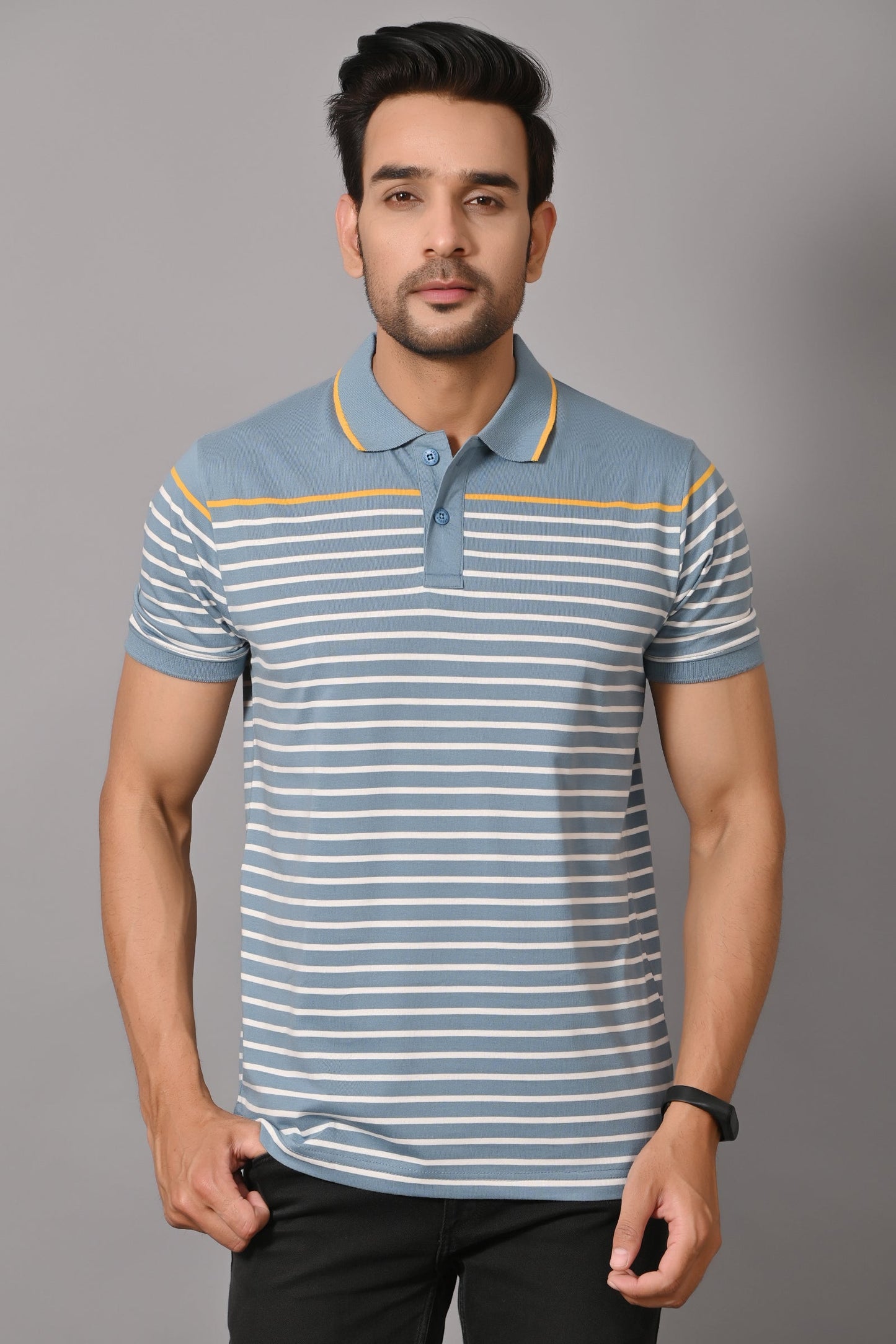 Arbour Men Polo Neck Stripes Casual Slim Fit Half Sleeves T-Shirt