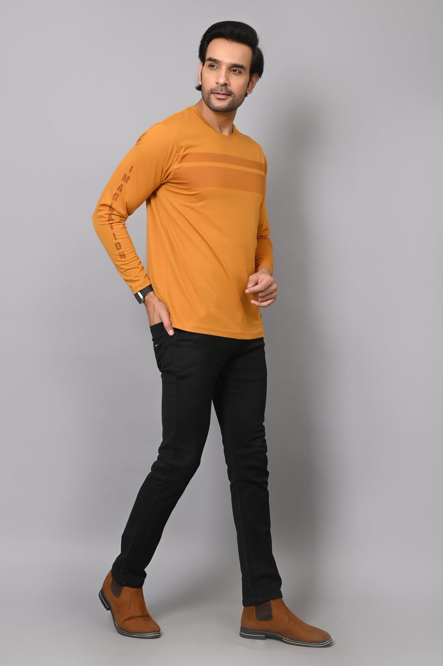 Arbour Men Striped Round Neck Cotton Blend T-Shirt