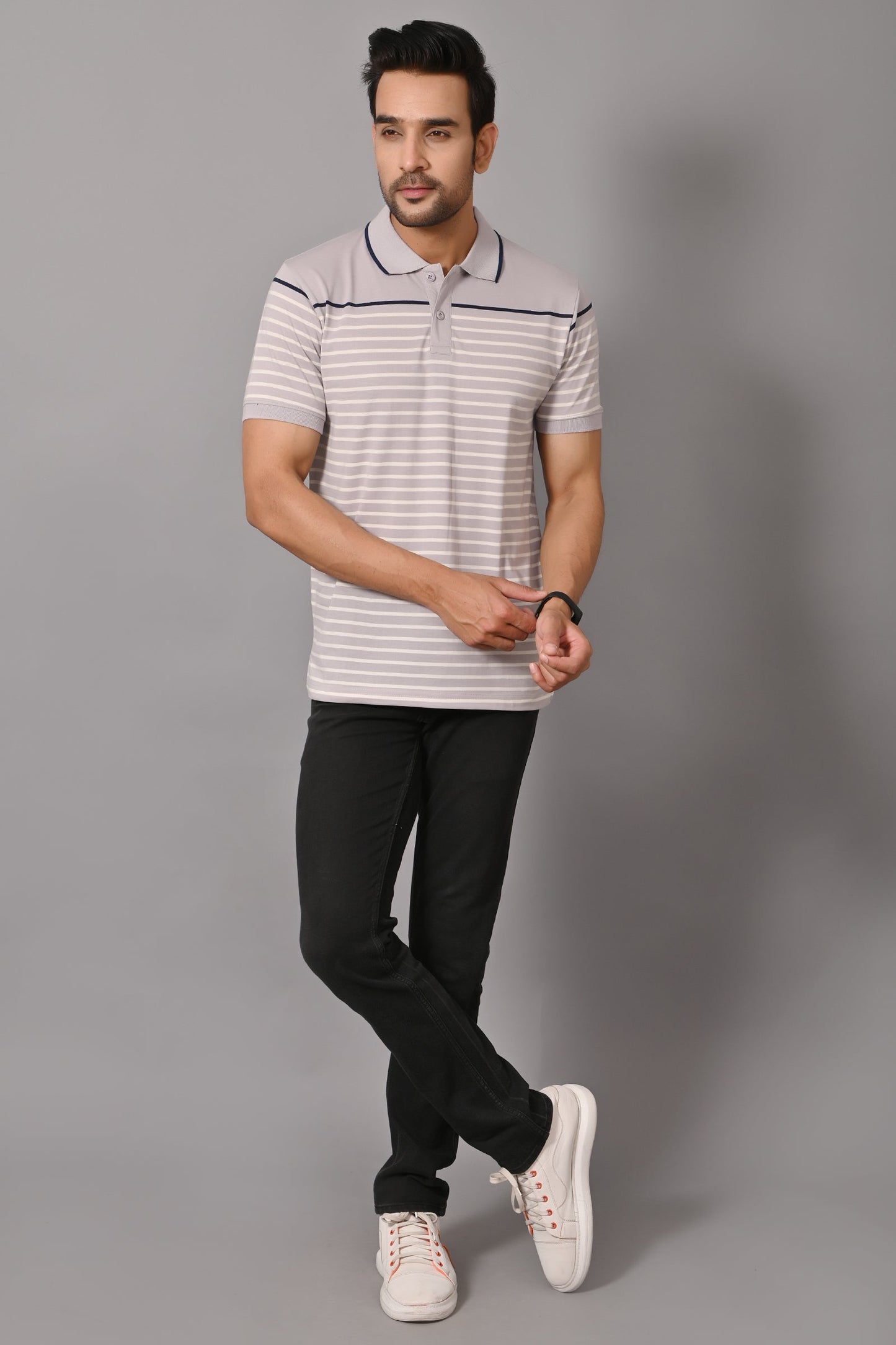 Arbour Men Polo Neck Stripes Casual Slim Fit Half Sleeves T-Shirt