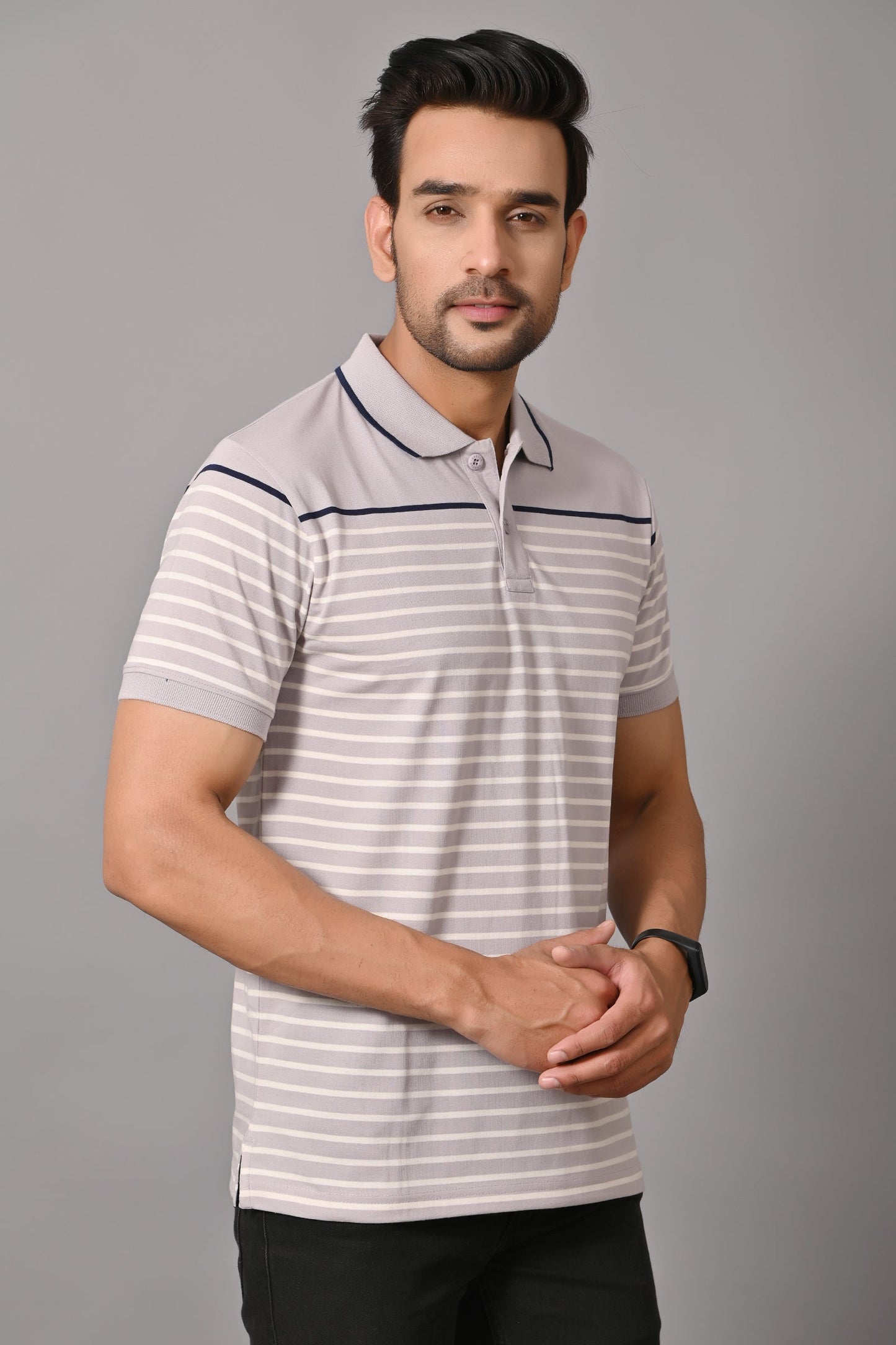 Arbour Men Polo Neck Stripes Casual Slim Fit Half Sleeves T-Shirt