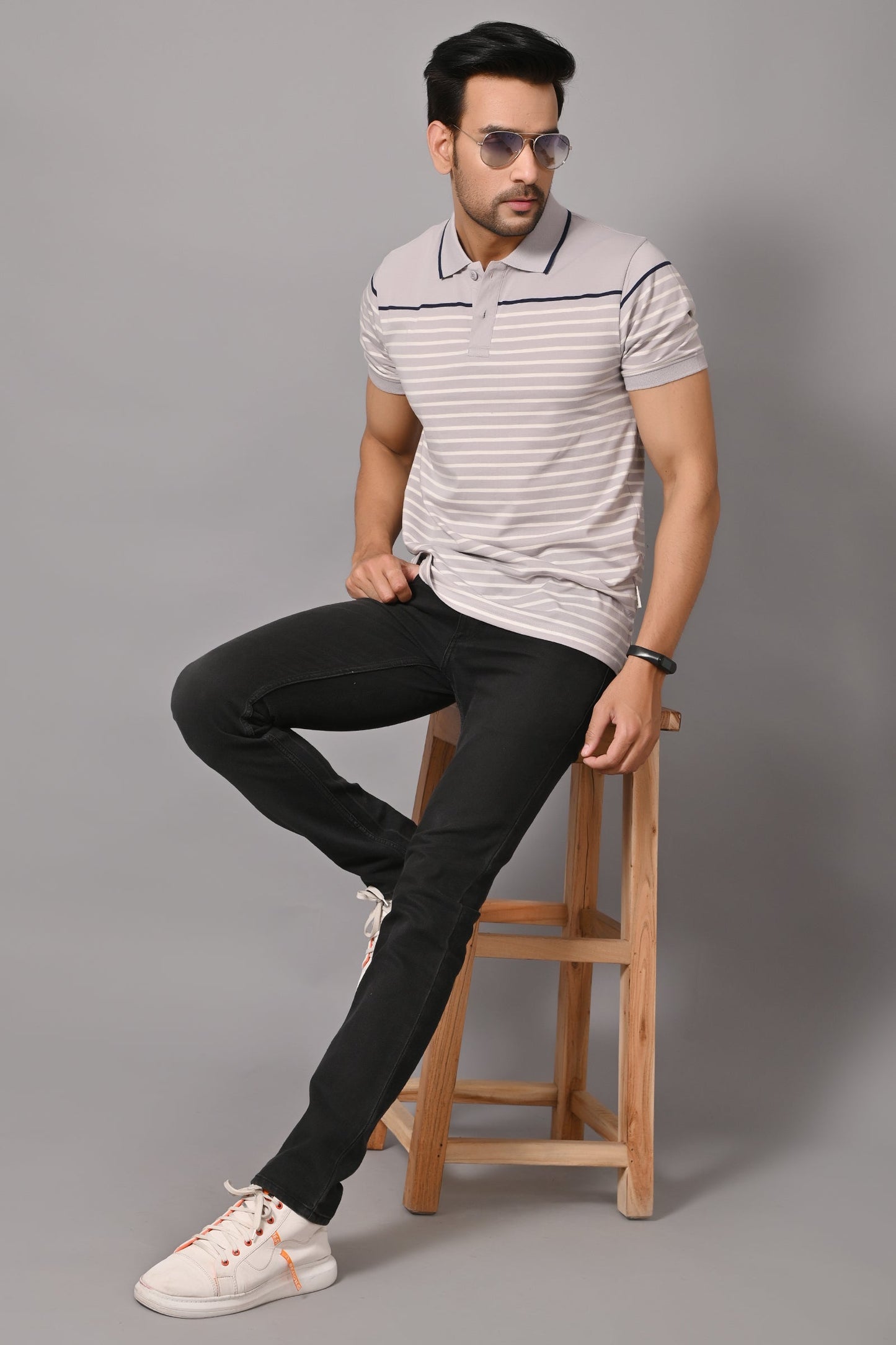 Arbour Men Polo Neck Stripes Casual Slim Fit Half Sleeves T-Shirt