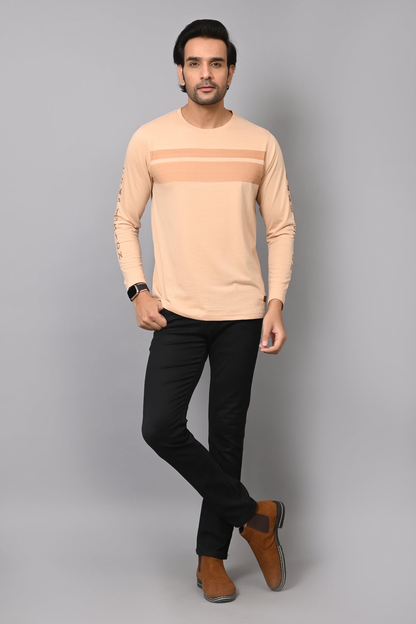 Arbour Men Striped Round Neck Cotton Blend T-Shirt