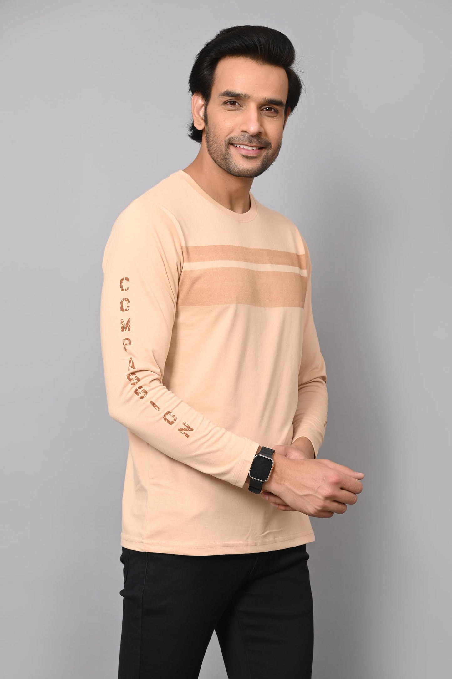 Arbour Men Striped Round Neck Cotton Blend T-Shirt