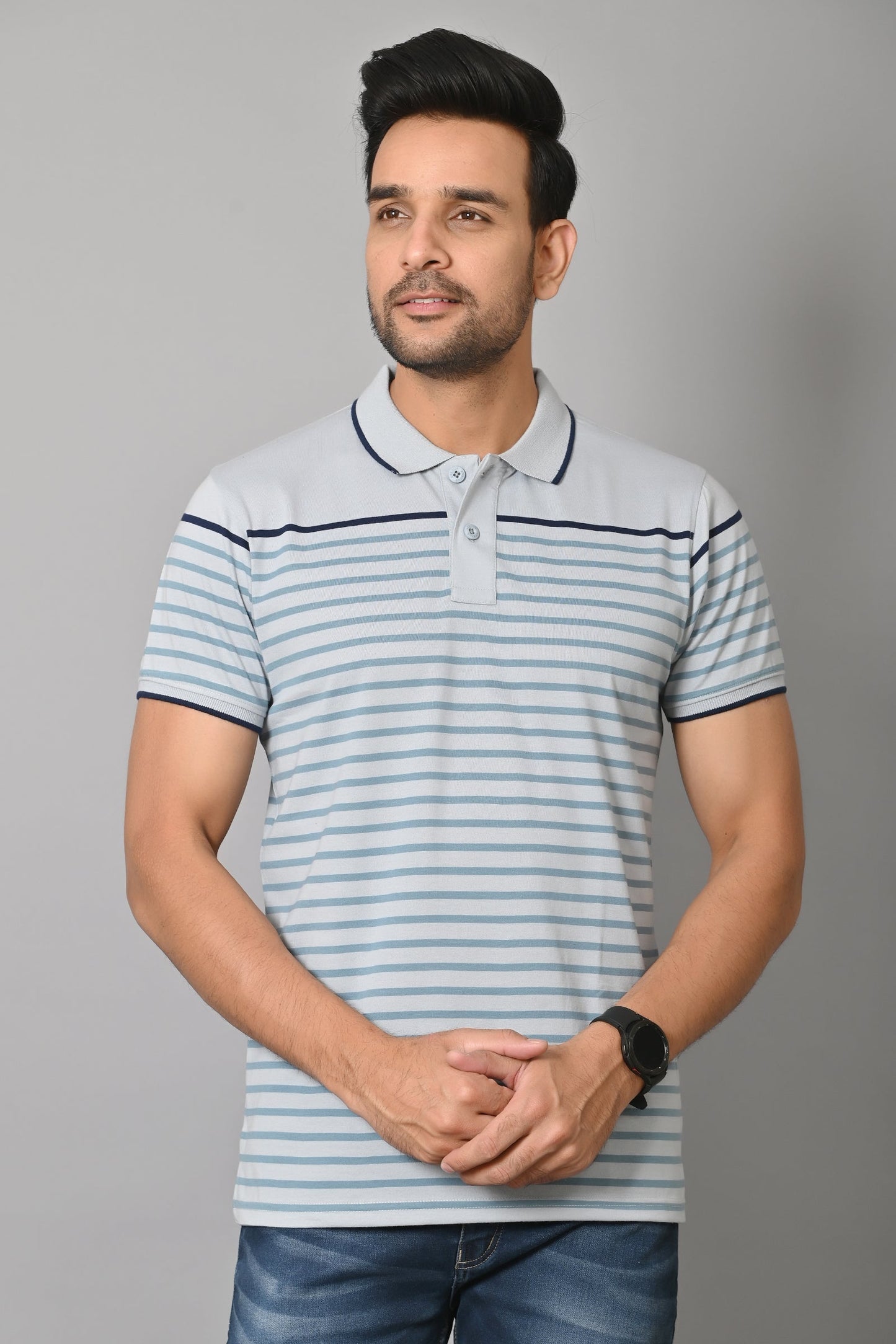 Arbour Men Polo Neck Stripes Casual Slim Fit Half Sleeves T-Shirt