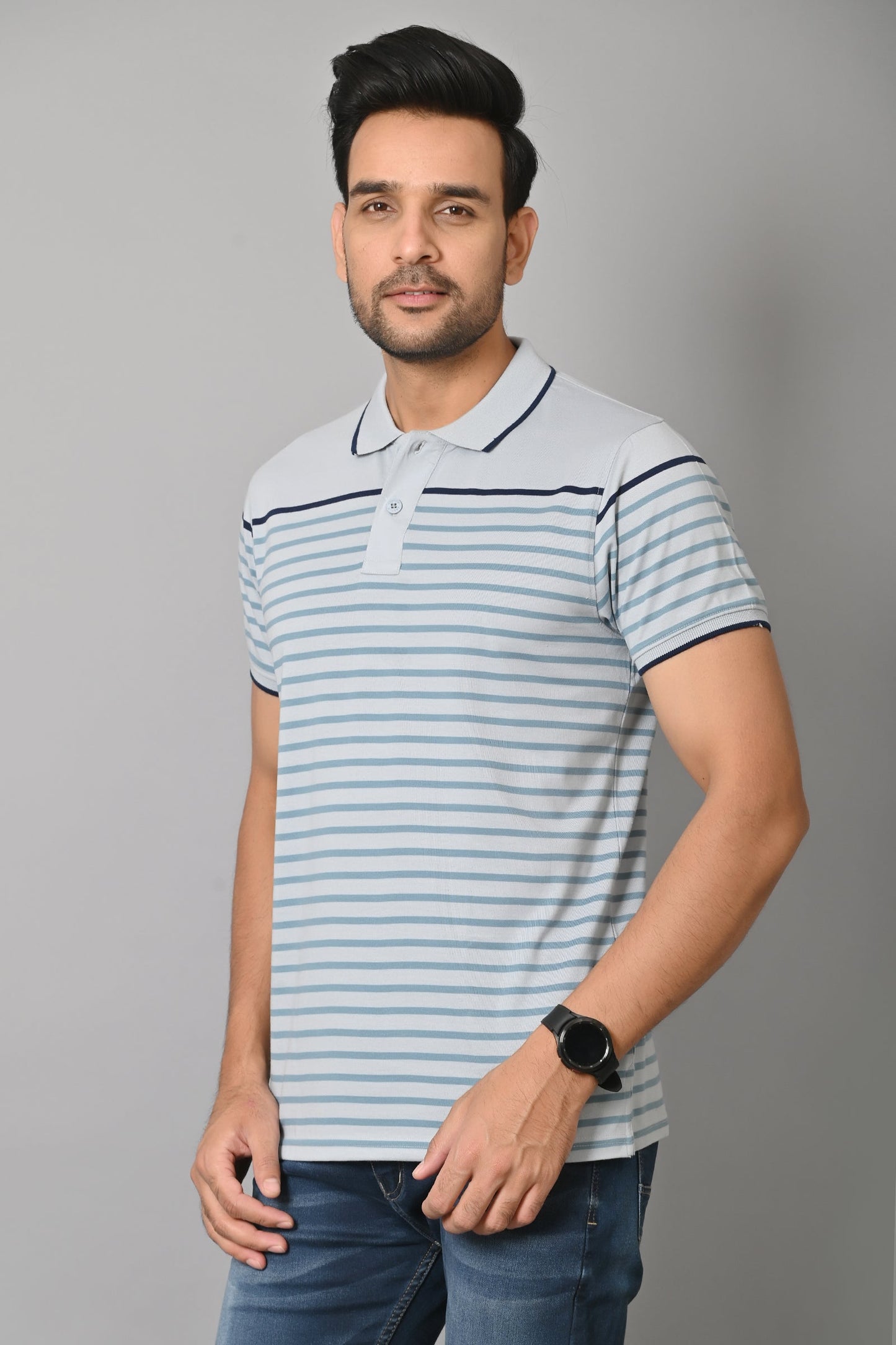 Arbour Men Polo Neck Stripes Casual Slim Fit Half Sleeves T-Shirt