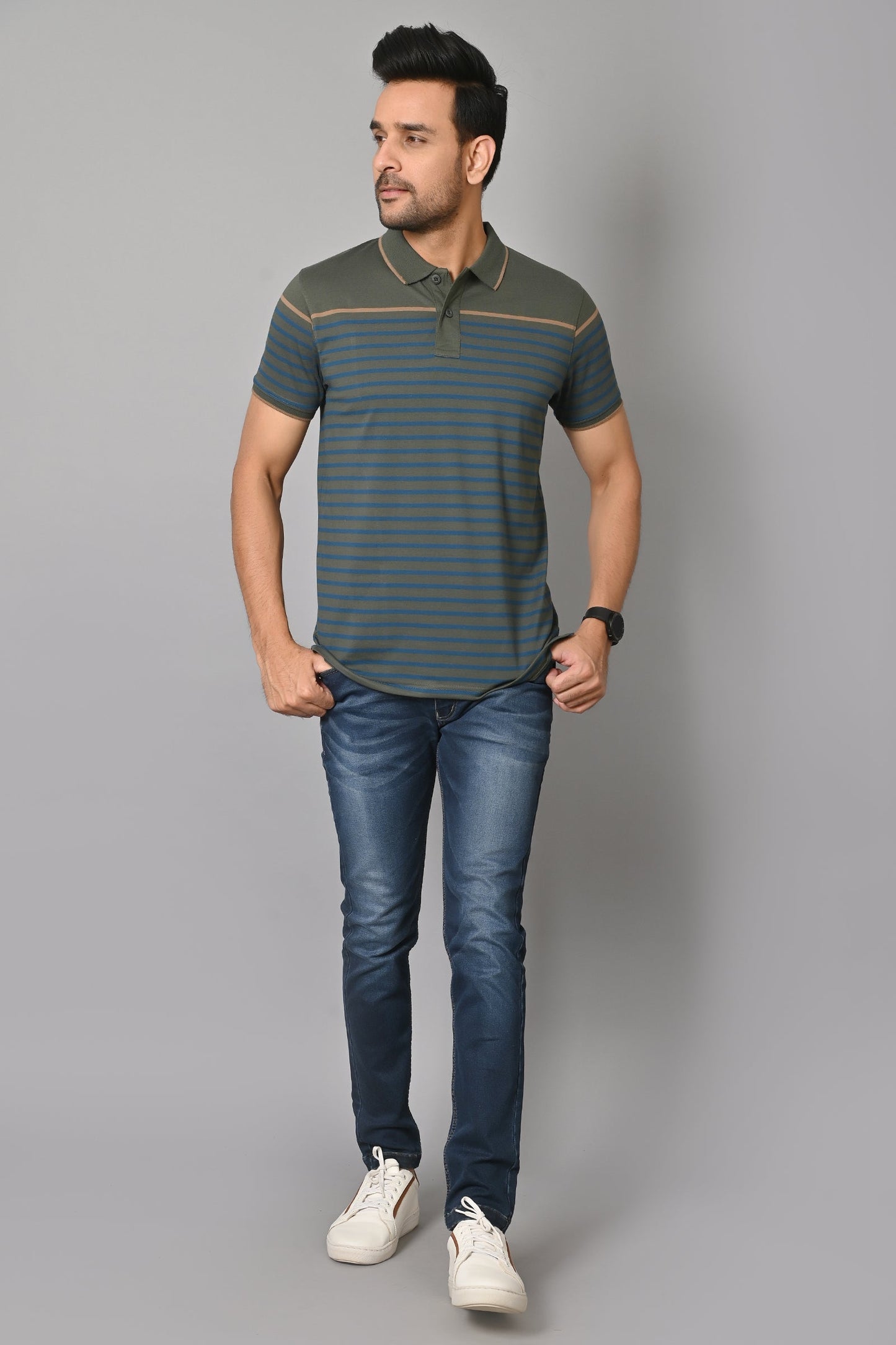 Arbour Men Polo Neck Stripes Casual Slim Fit Half Sleeves T-Shirt