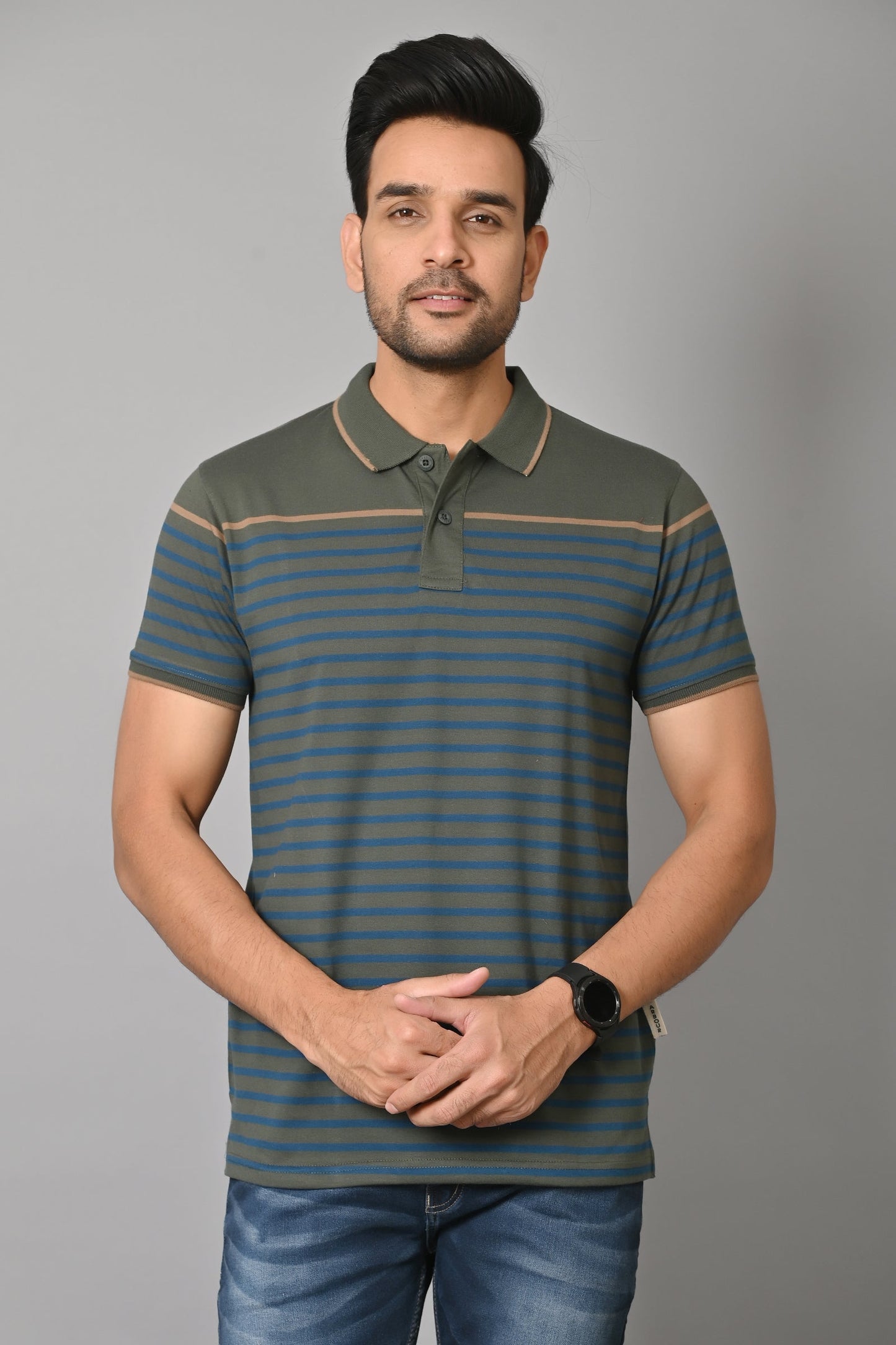 Arbour Men Polo Neck Stripes Casual Slim Fit Half Sleeves T-Shirt