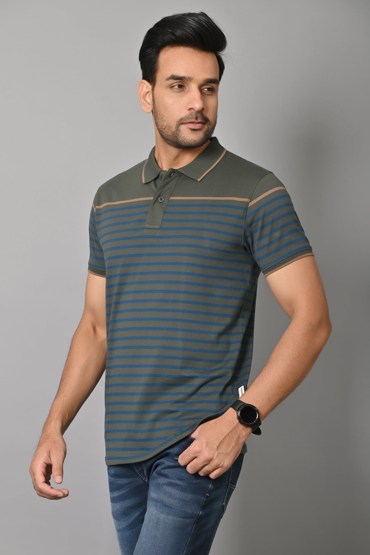 Arbour Men Polo Neck Stripes Casual Slim Fit Half Sleeves T-Shirt
