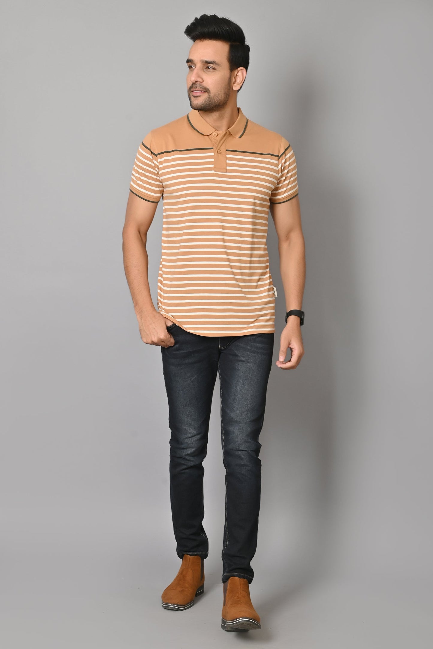 Arbour Men Polo Neck Stripes Casual Slim Fit Half Sleeves T-Shirt