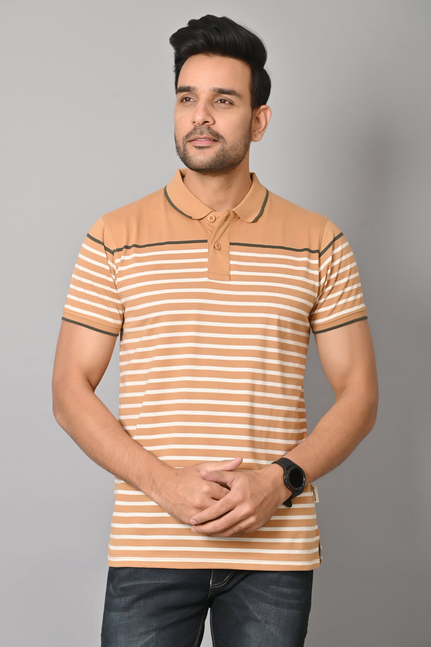 Arbour Men Polo Neck Stripes Casual Slim Fit Half Sleeves T-Shirt