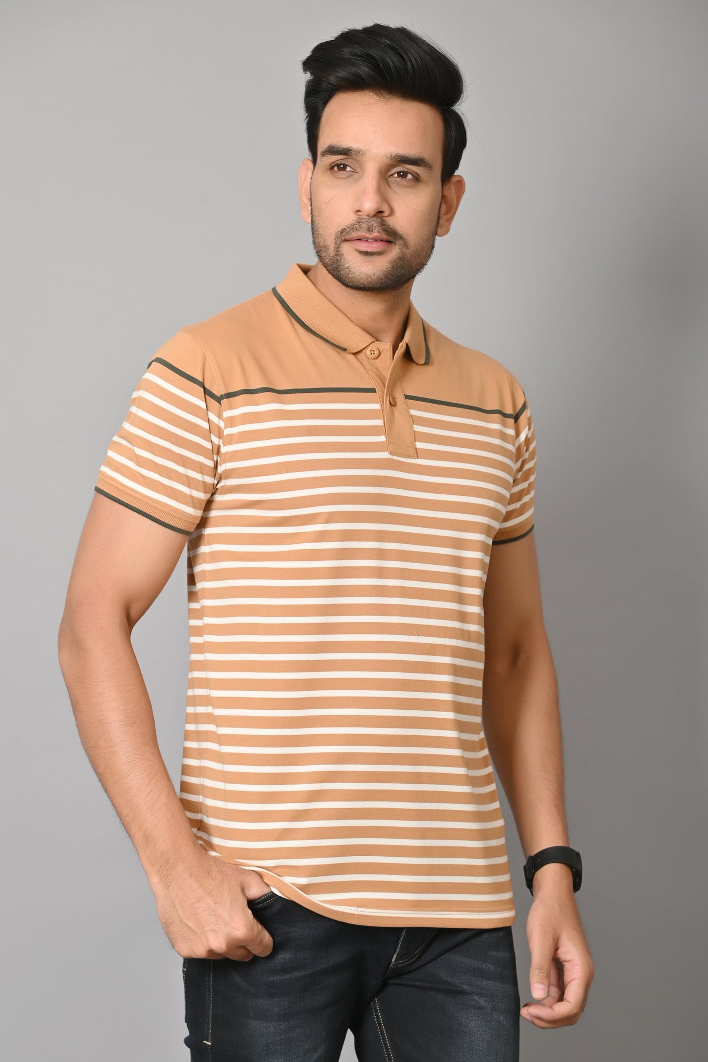 Arbour Men Polo Neck Stripes Casual Slim Fit Half Sleeves T-Shirt