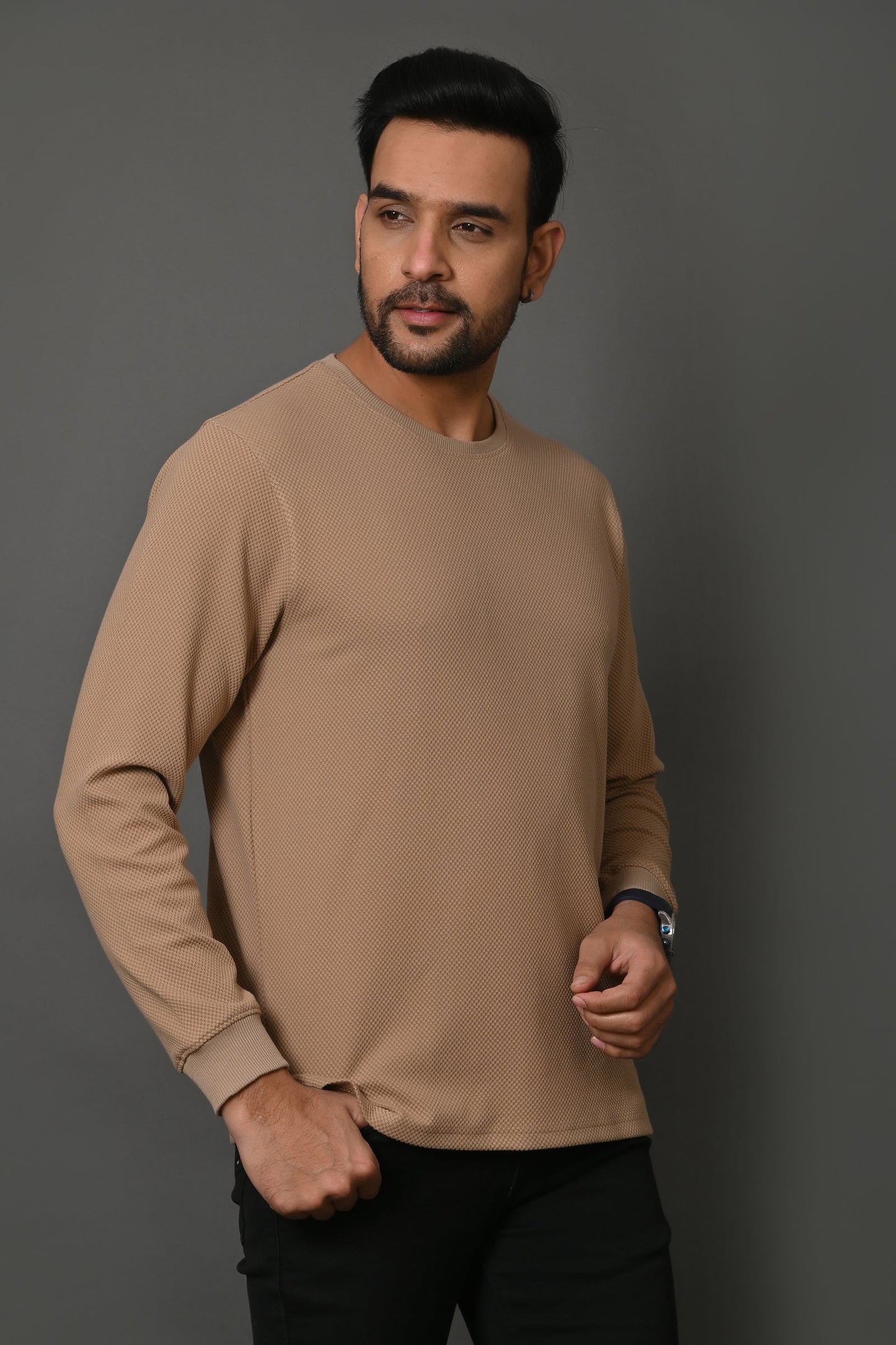 Arbour Men Round Neck Solid Fell Sleeves T-Shirt