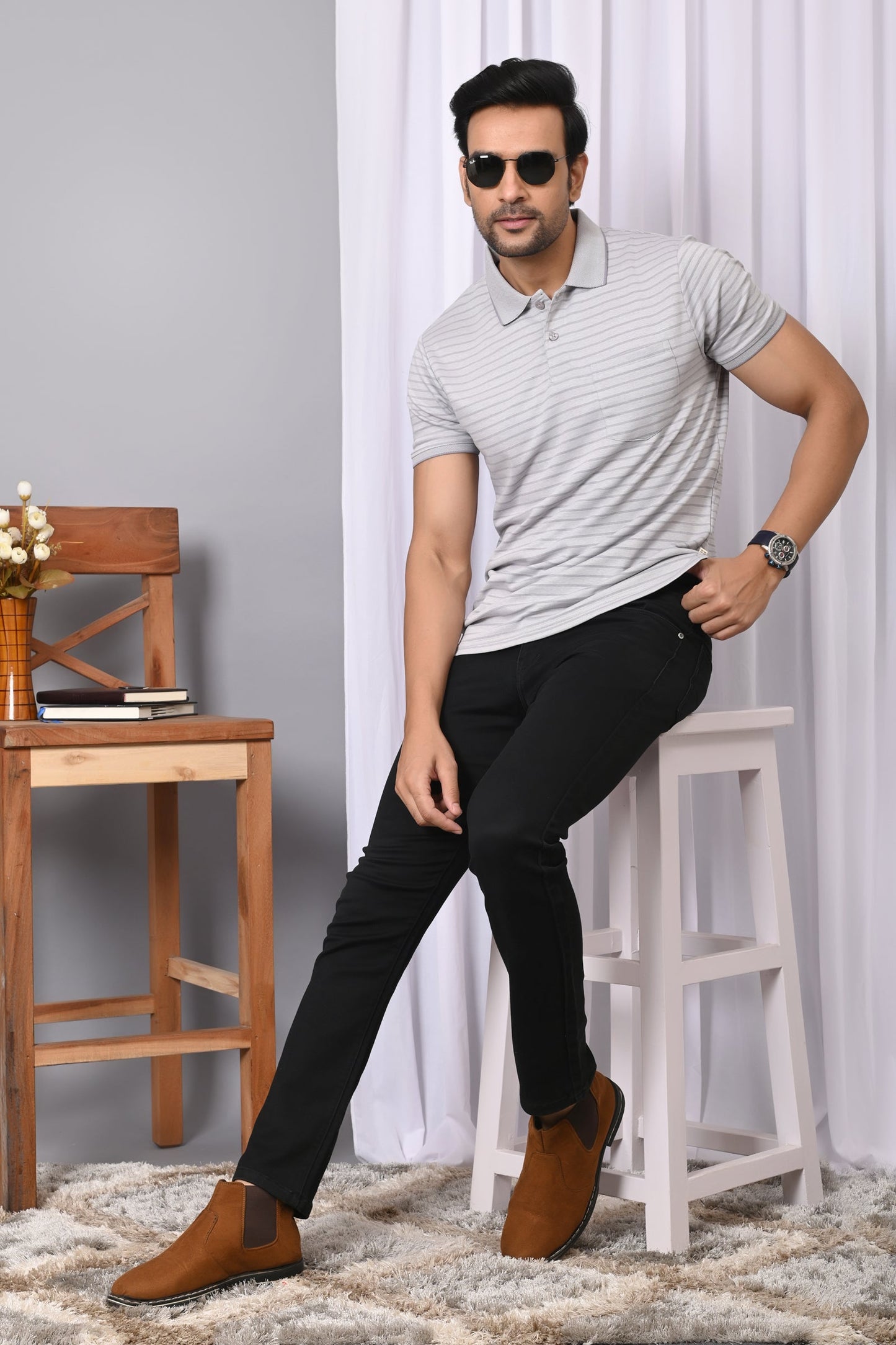 Arbour Men Collar Neck Pocket Stripes Half Sleeves T-Shirt