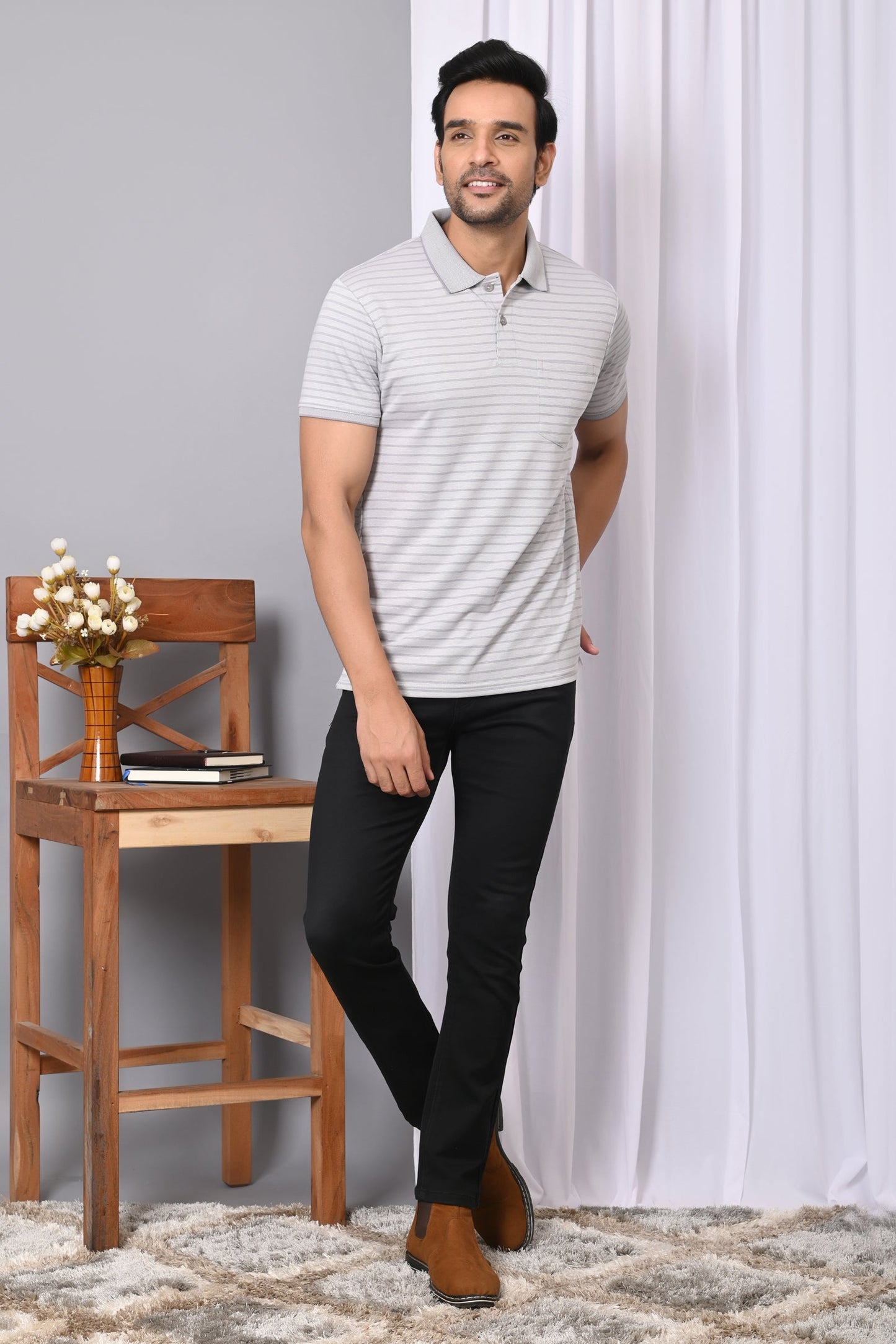 Arbour Men Collar Neck Pocket Stripes Half Sleeves T-Shirt