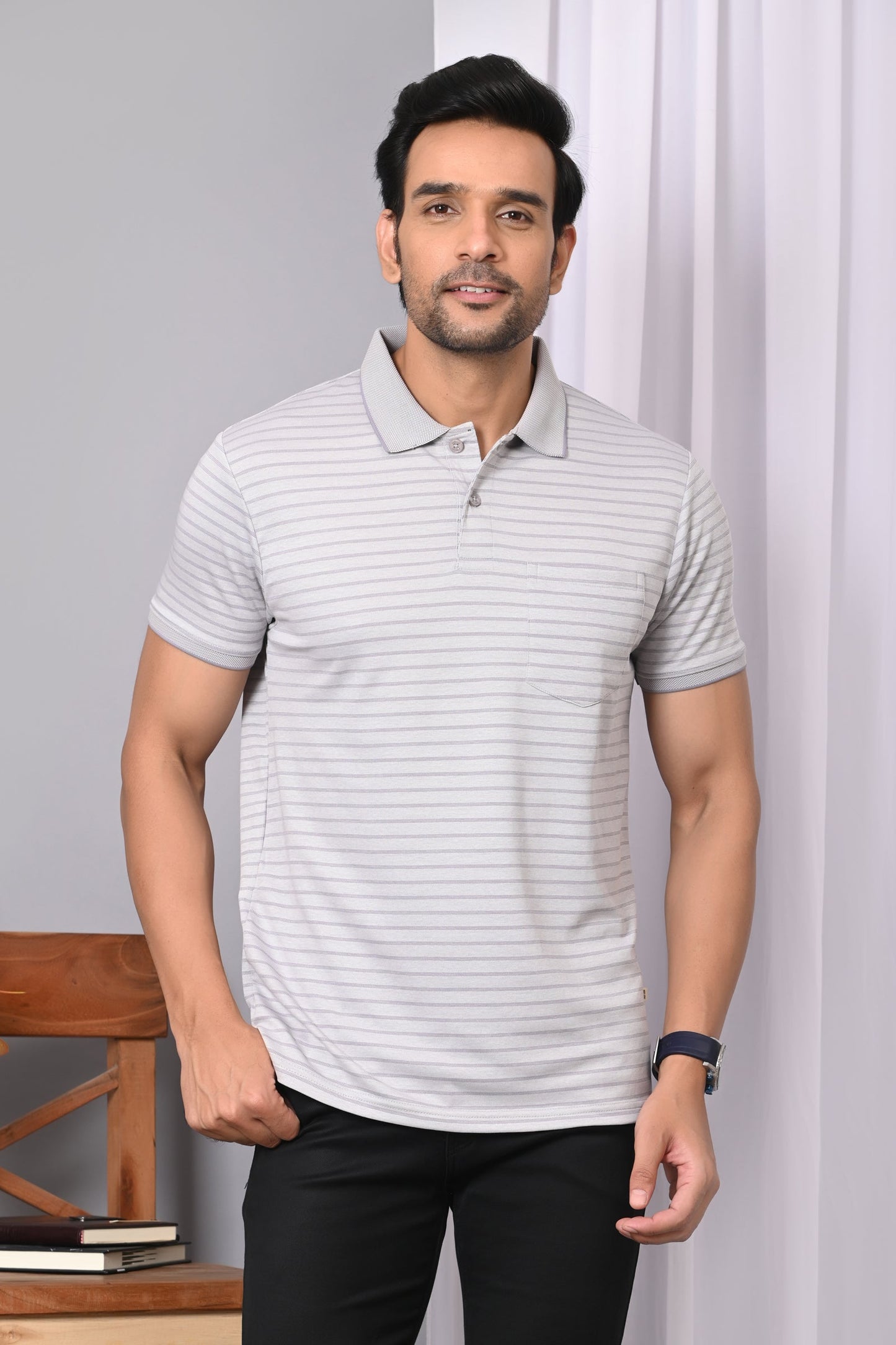 Arbour Men Collar Neck Pocket Stripes Half Sleeves T-Shirt