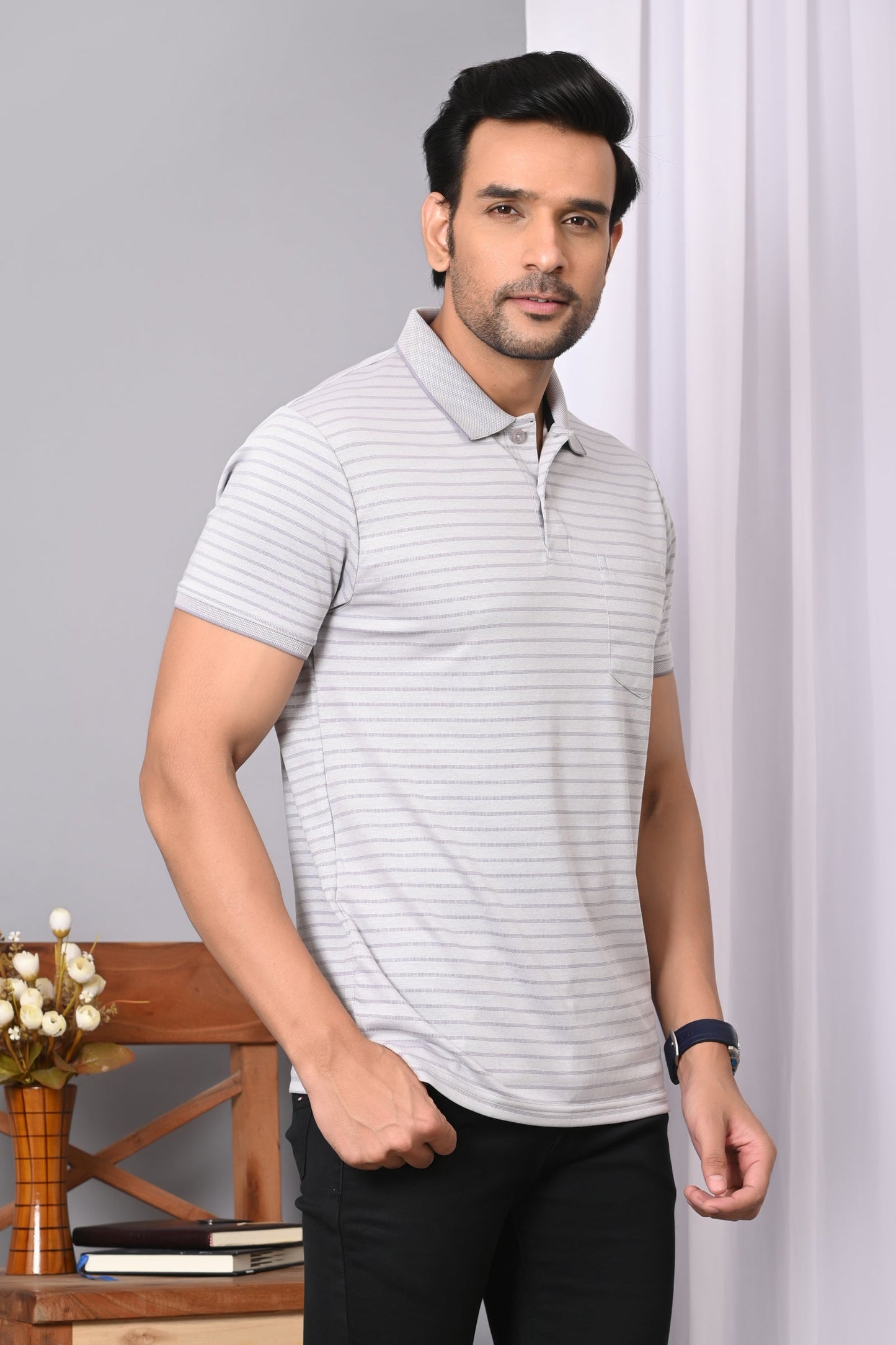 Arbour Men Collar Neck Pocket Stripes Half Sleeves T-Shirt