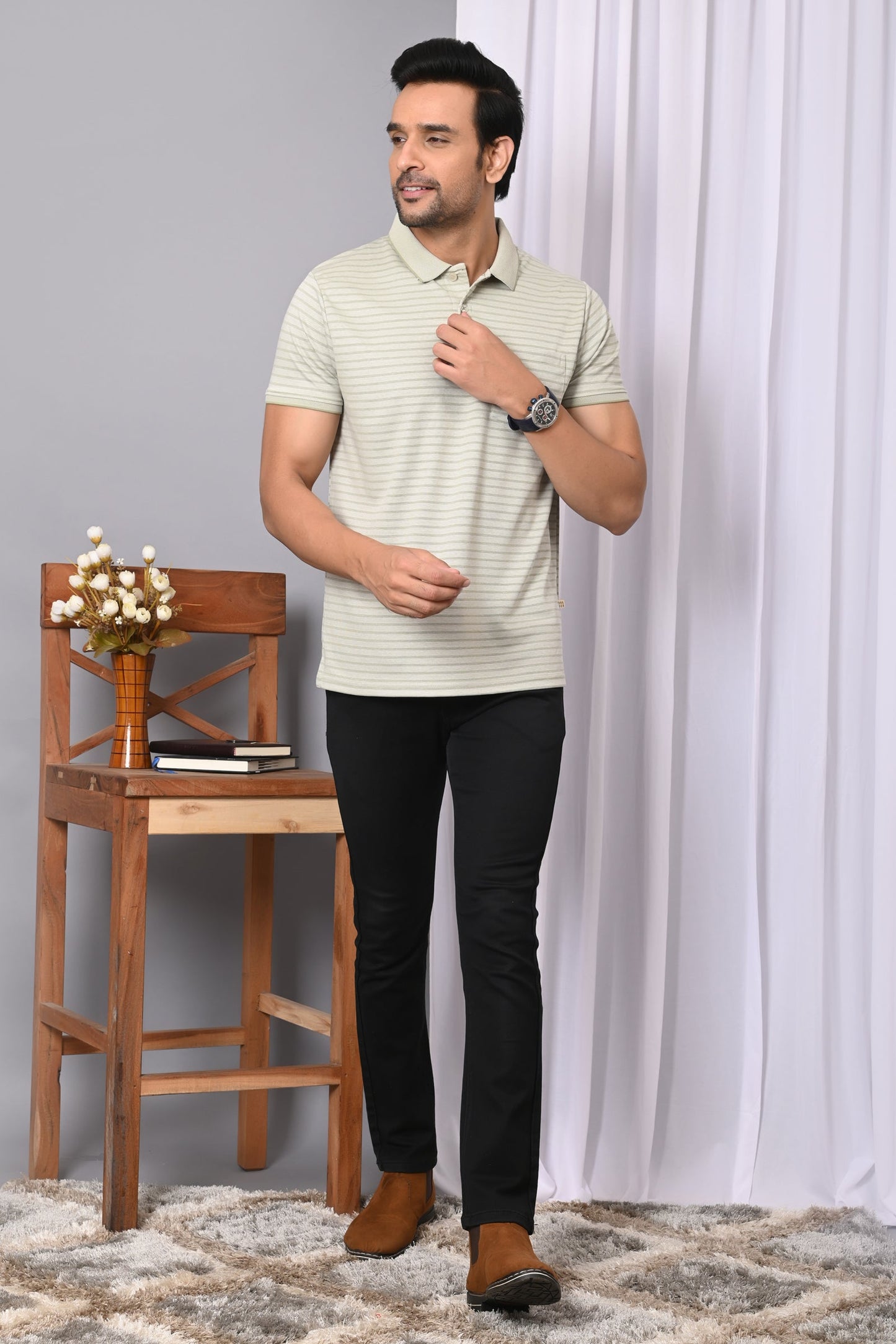 Arbour Men Collar Neck Pocket Stripes Half Sleeves T-Shirt