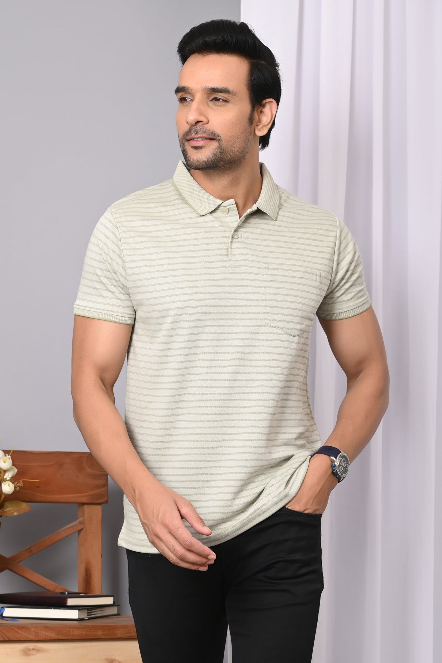 Arbour Men Collar Neck Pocket Stripes Half Sleeves T-Shirt