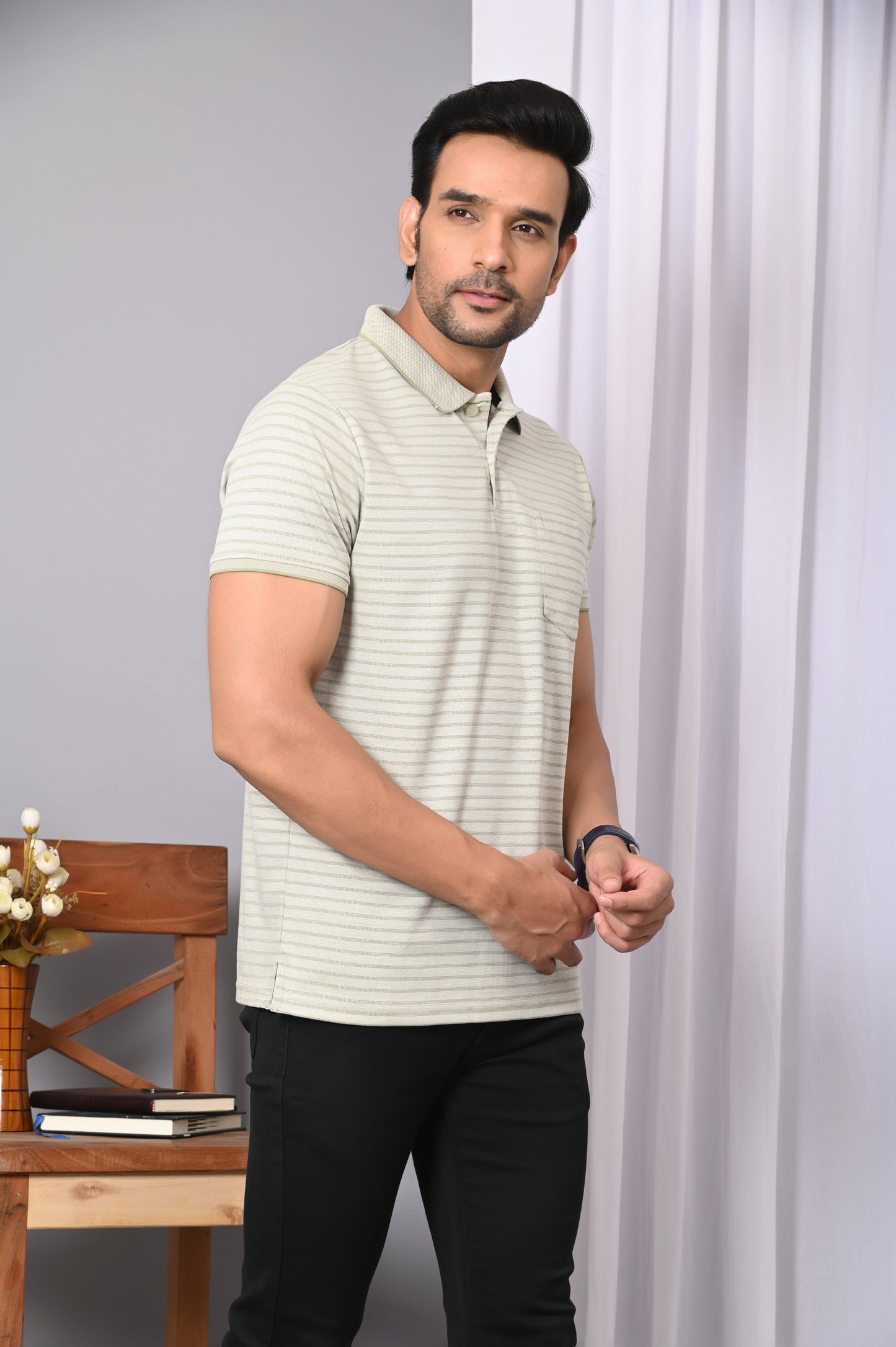 Arbour Men Collar Neck Pocket Stripes Half Sleeves T-Shirt