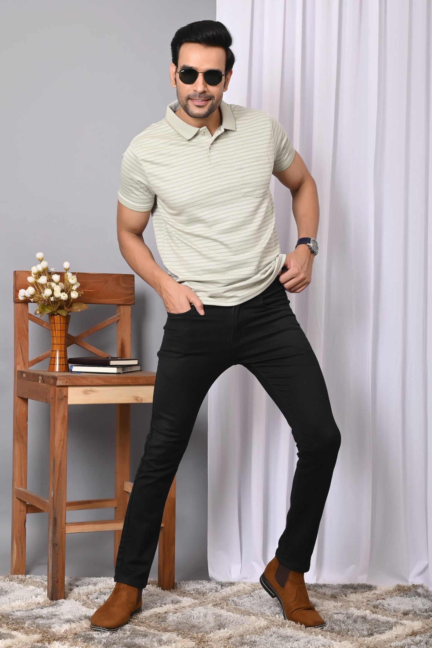 Arbour Men Collar Neck Pocket Stripes Half Sleeves T-Shirt