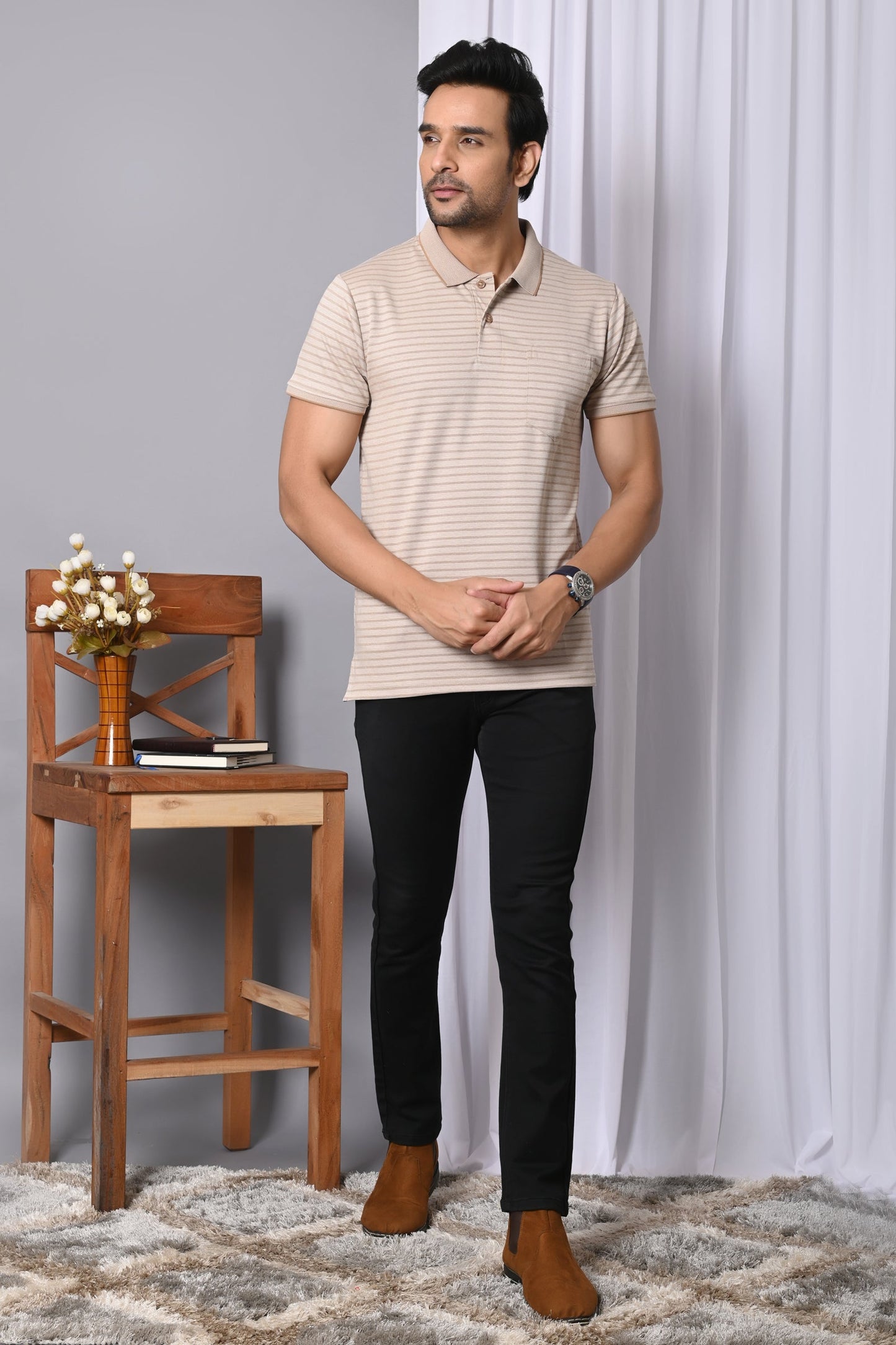 Arbour Men Collar Neck Pocket Stripes Half Sleeves T-Shirt