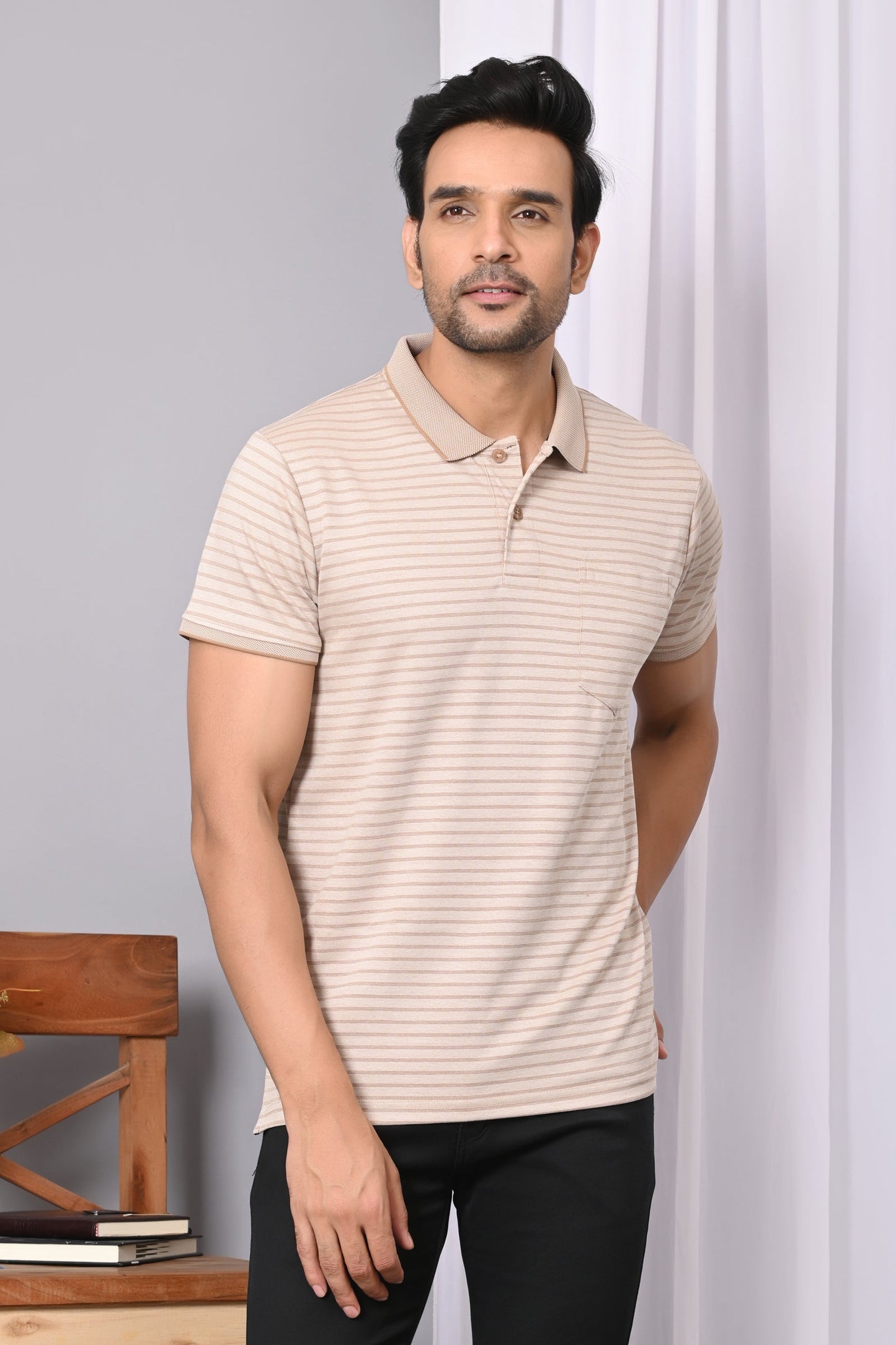 Arbour Men Collar Neck Pocket Stripes Half Sleeves T-Shirt