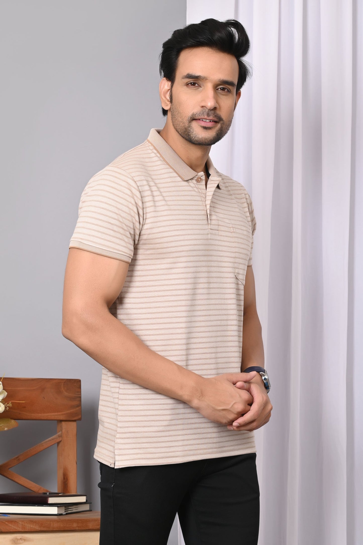 Arbour Men Collar Neck Pocket Stripes Half Sleeves T-Shirt