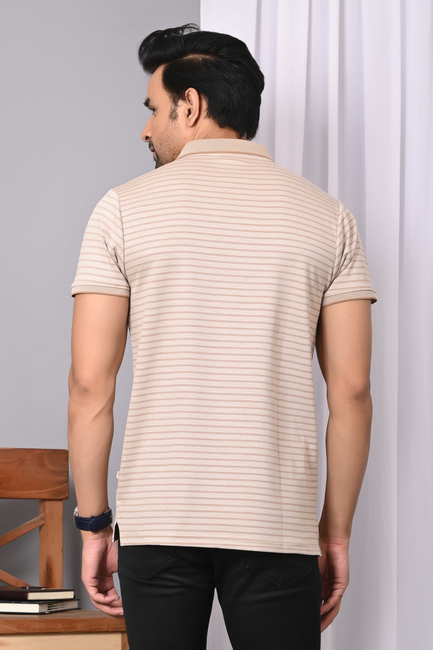 Arbour Men Collar Neck Pocket Stripes Half Sleeves T-Shirt