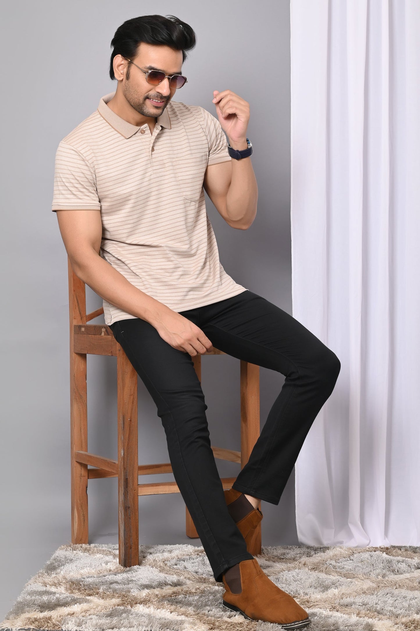Arbour Men Collar Neck Pocket Stripes Half Sleeves T-Shirt