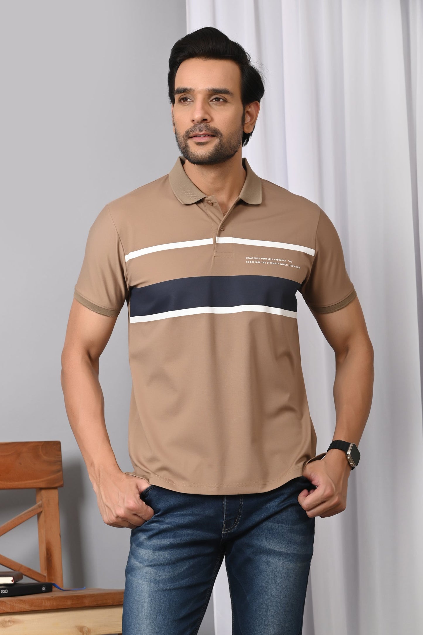 Arbour Men Polo Neck Stripes Half Sleeves T-Shirt